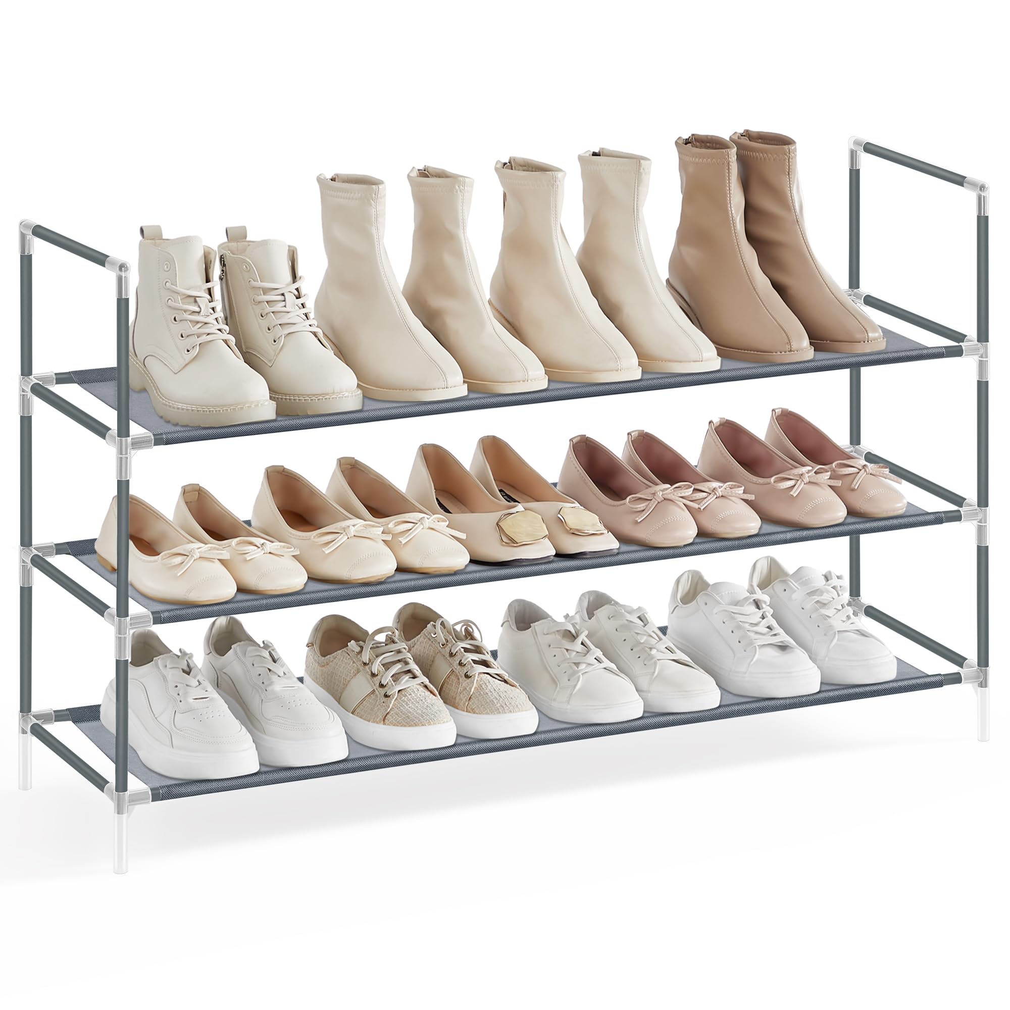 SONGMICS 3-Tier Shoe Rack, Shoe Storage for Hallway Closet, Slim and Space-Saving, Metal Frame, Non-Woven Fabric Shelves, Dove G