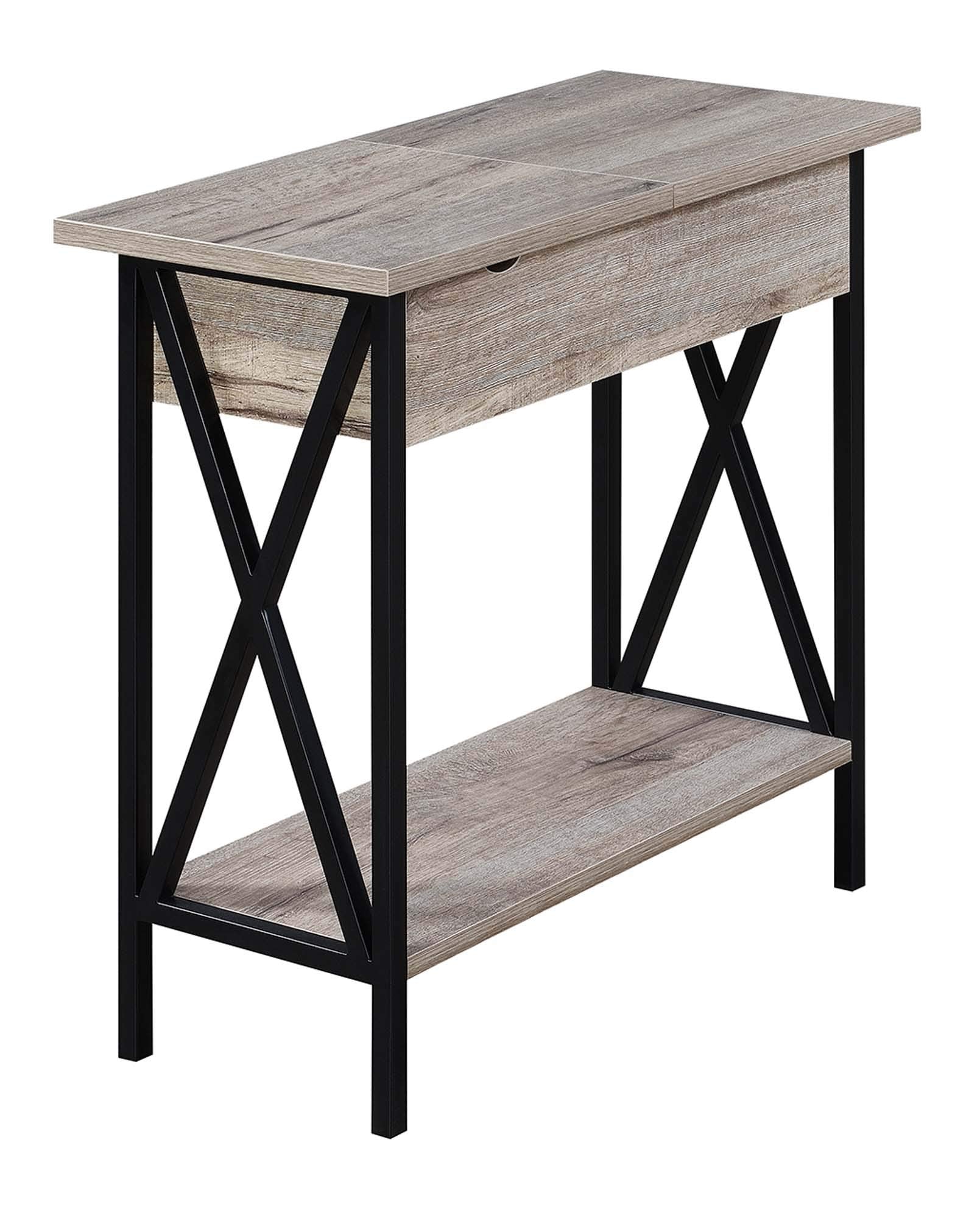 Convenience Concepts Tucson Flip Top End Table with Charging Station and Shelf, 23.75L x 11.25W x 24H, Sandstone