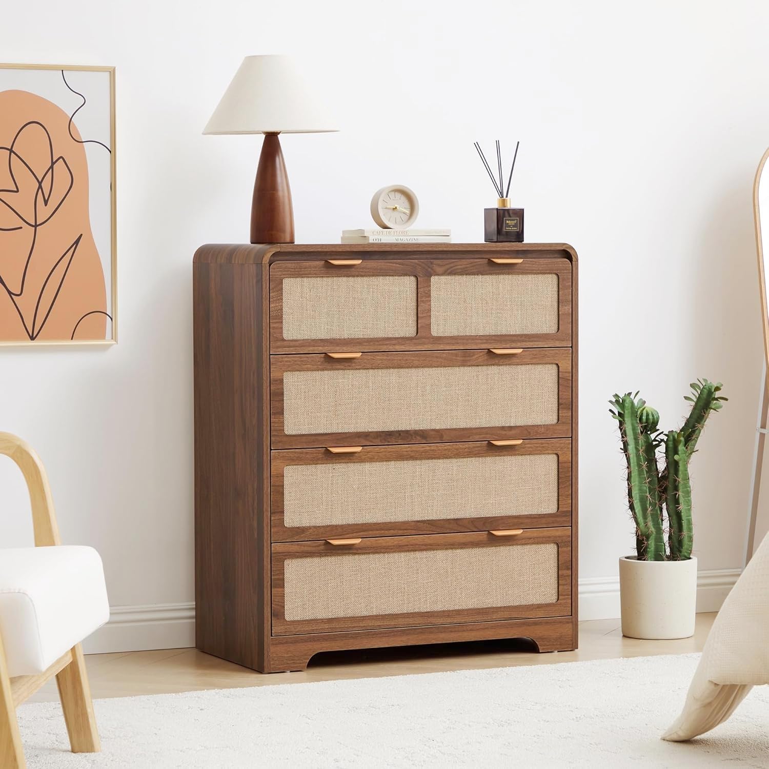 RUSTYER Mid Century Modern Dresser for Bedroom with 4 Drawers, 35 Tall Chest of Drawers with Natural Linen, Curved Wood Dresser 