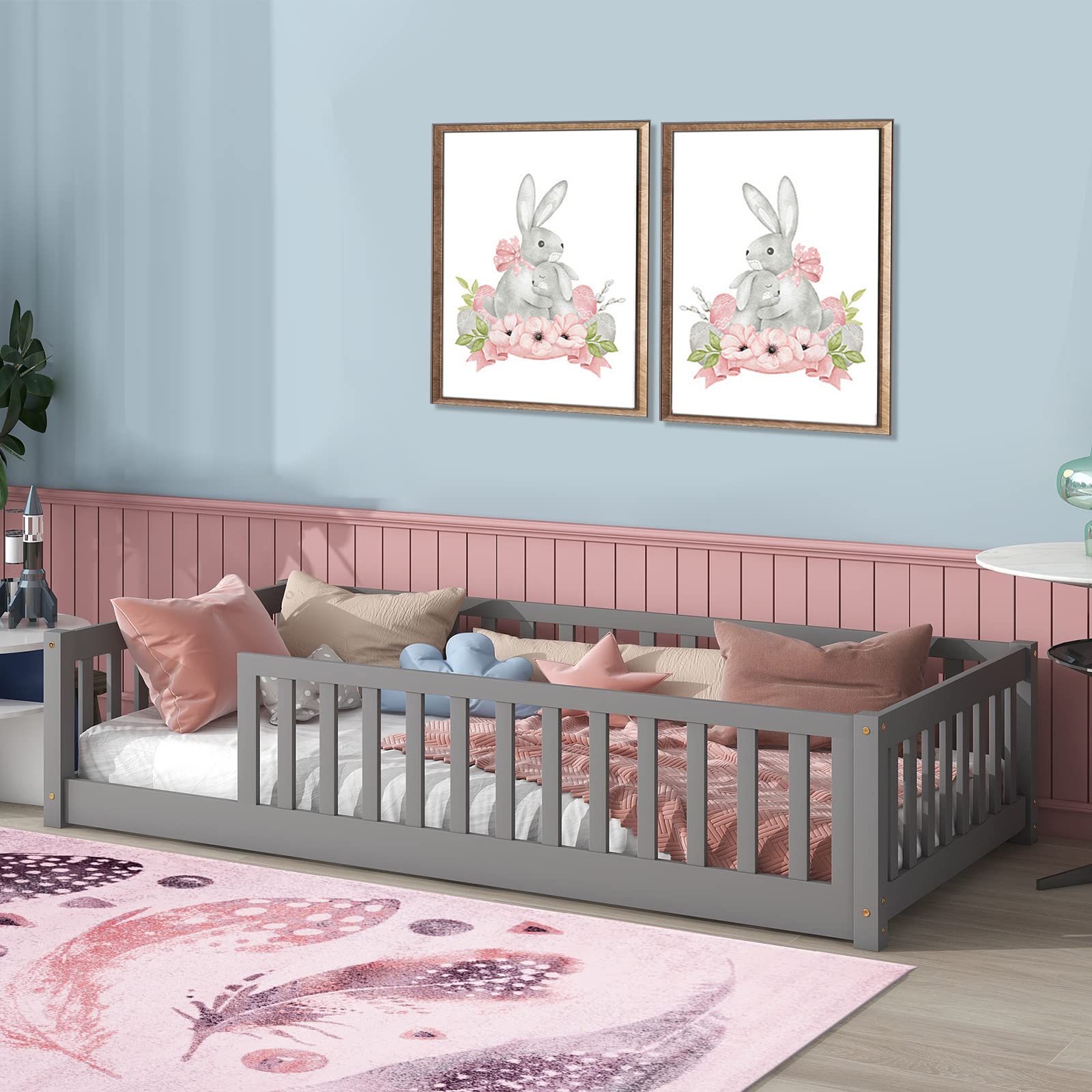 Tatub Twin Size Floor Bed with Safety Guardrails and Door and Slats, Montessori Floor Bed Frame for Kids, Wood Montessori Floor 