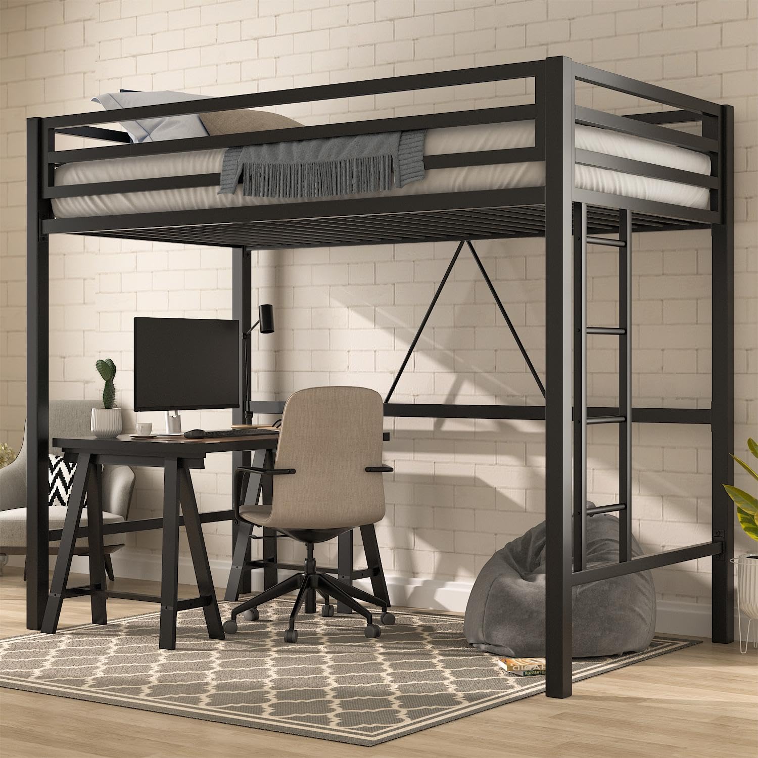 MUTICOR Twin Loft Bed Frame for Juniors and Adults with Safety Guardrail and Ladder,Metal Slats Support, Small Space Saving Furn