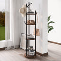 Espelism Rotary Coat Rack Freestanding Metal Coat Hall Tree Stand with 4 Tiers Storage Display Shelf and 9 Hooks for Entryway Be
