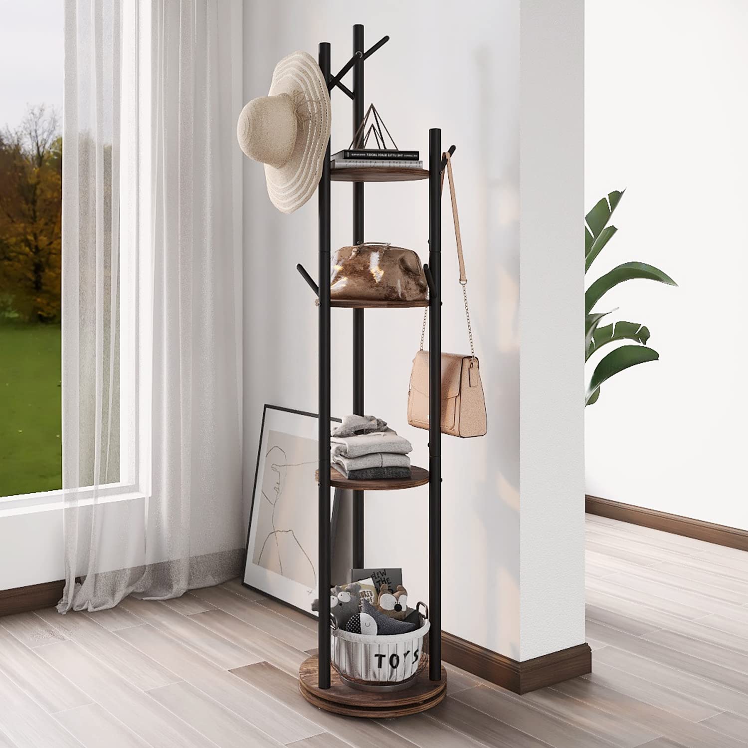 Espelism Rotary Coat Rack Freestanding Metal Coat Hall Tree Stand with 4 Tiers Storage Display Shelf and 9 Hooks for Entryway Be