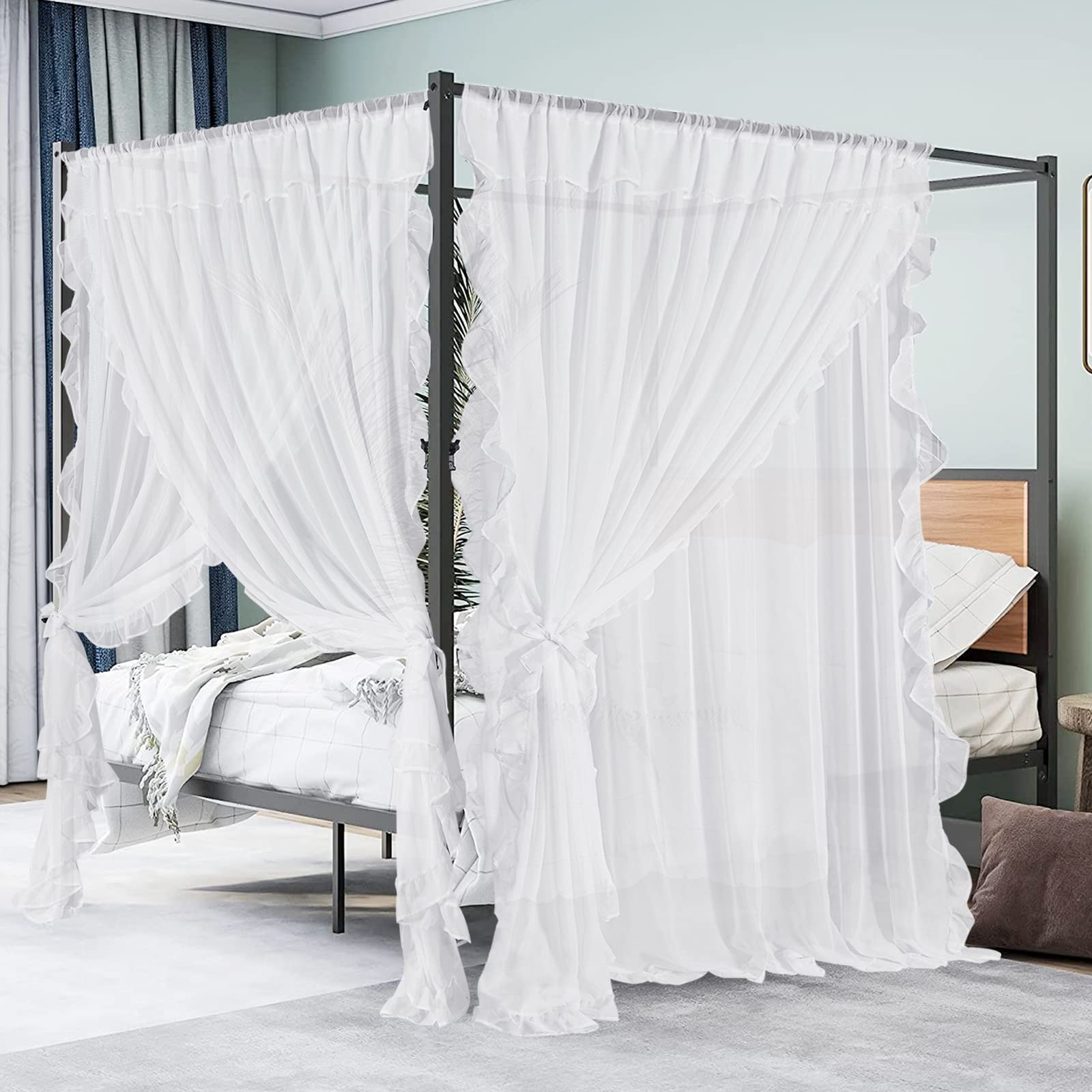 NICETOWN Voile Sheer White Ruffle Curtains, Rod Pocket 3 Layers Privacy Bedroom Shabby Chic Curtains with Valance & 2 Bouns Tie 