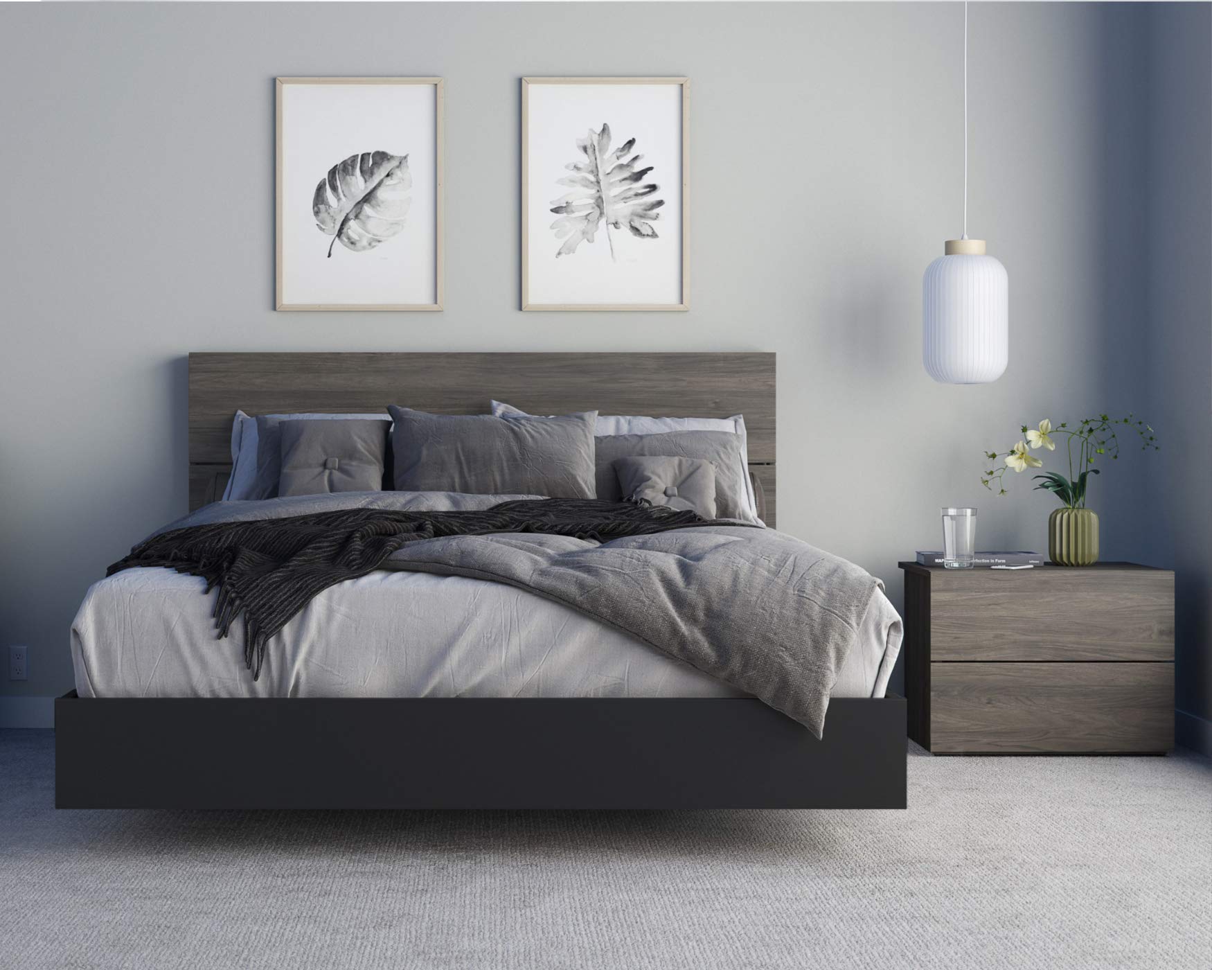 Nexera 3-Piece Bedroom Set with Bed Frame, Headboard & Nightstand, Queen|Bark Grey & Black