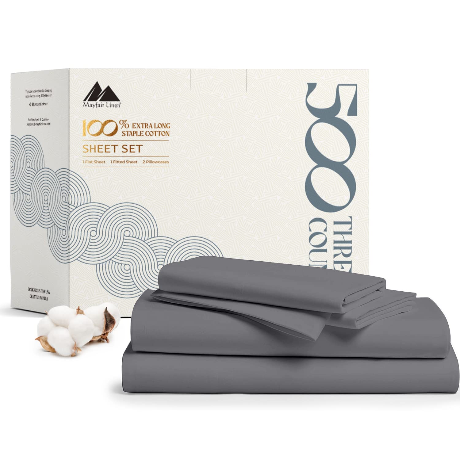 Mayfair Linen 100% Cotton King Size Sheets Set - 500 Thread Count 4 PC Cotton Sheets for King Bed, Deep Pocket King Sheet Set fo