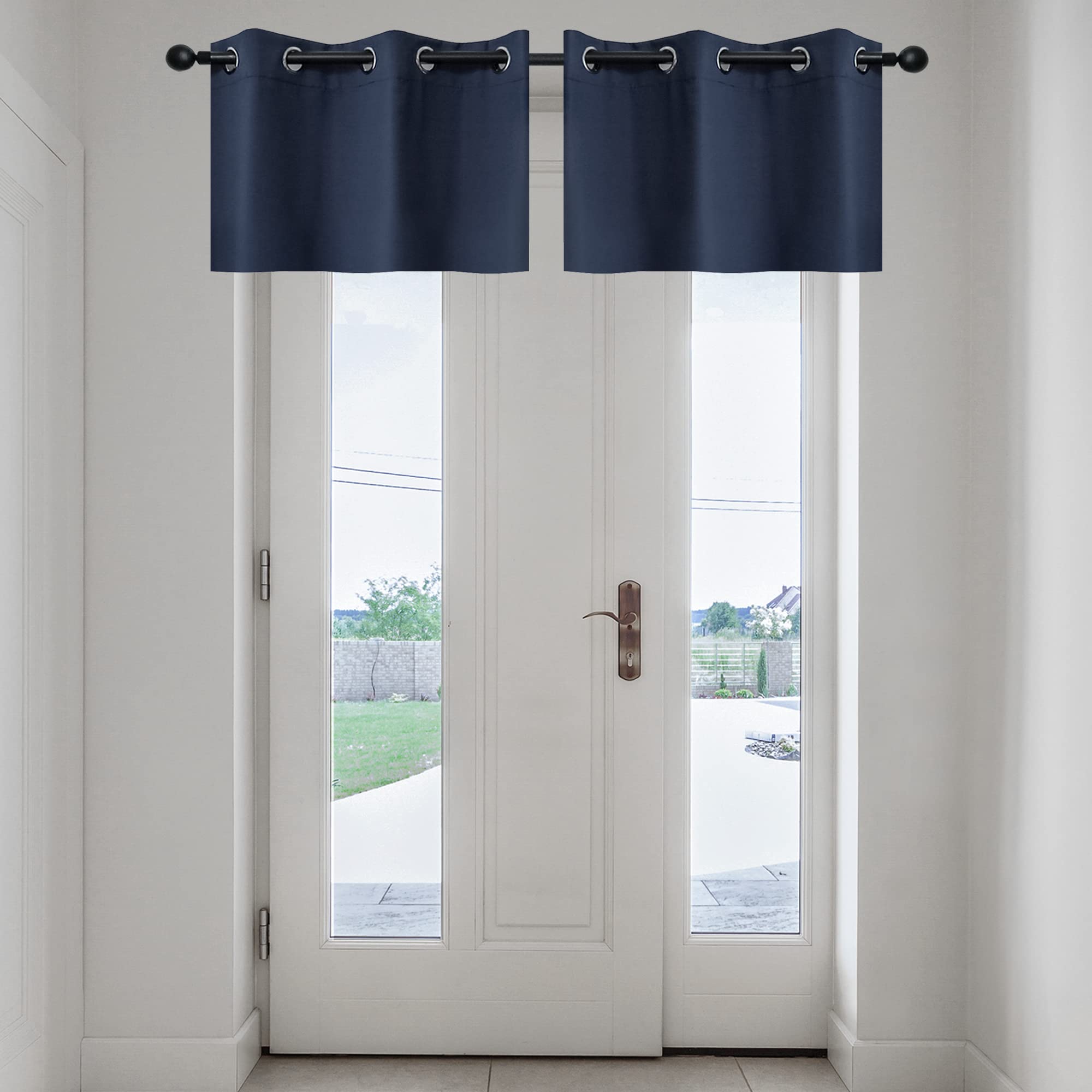 YGO Thermal Insulated Blackout Kitchen Valances Energy Efficient Grommet Top Valance Drapes for Small Window Navy Double Panels 