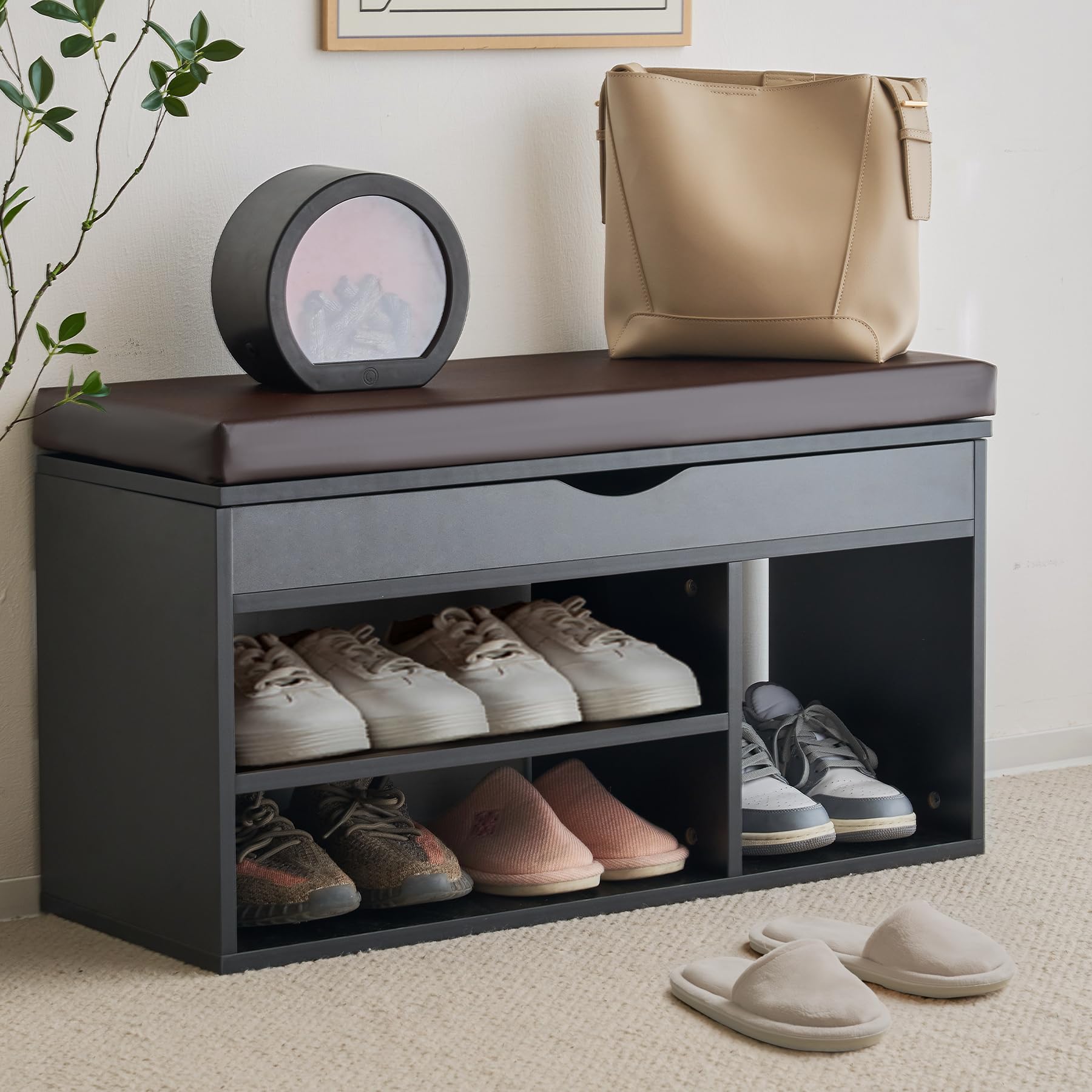 Apicizon Entryway Bench with Shoe Storage, Black, 2-Tier Shoe Rack, Padded Cushion, Wooden Frame