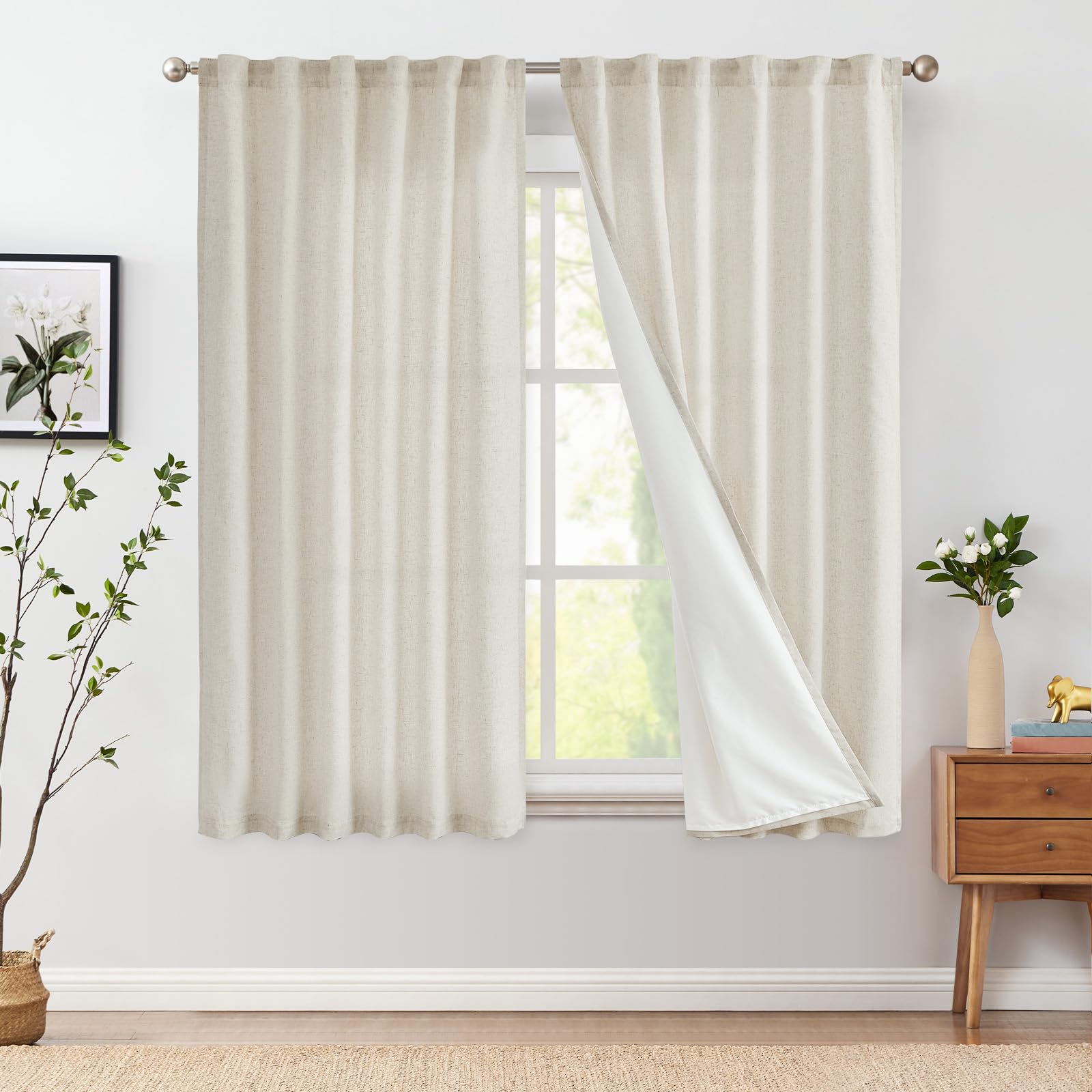 jinchan Linen Beige Curtains 63 Inch Length for Living Room Farmhouse Rod Pocket Back Tab Light Filtering Window Drapes with Lin