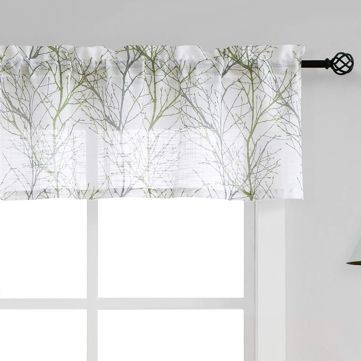 FMFUNCTEX White Valance Curtains for Windows Print Tree Branch Semi-Sheer Valance Grey/Green,1 Panel, 50    Width x 15 Length