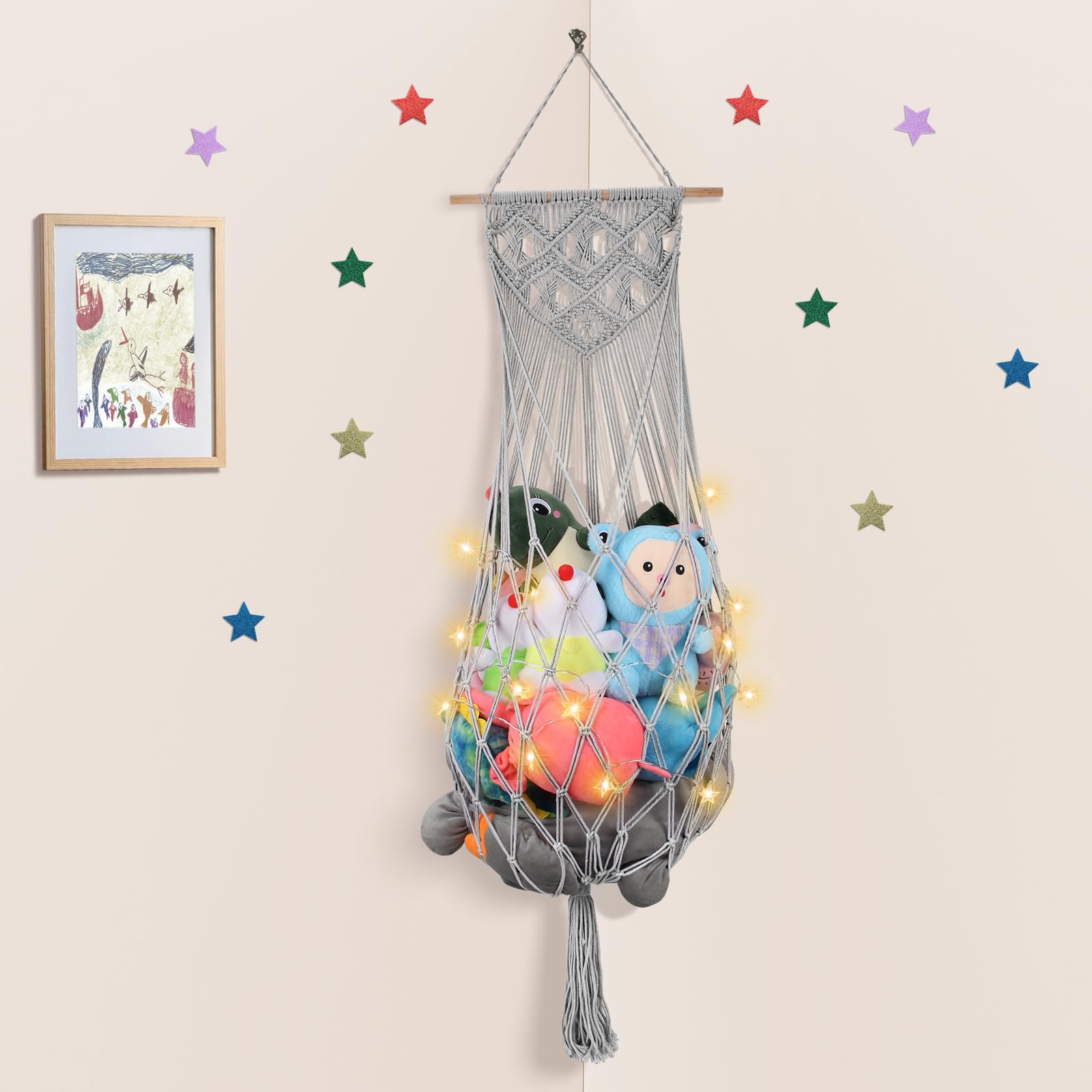 Stuffed Animal Storage w/ LED Star Light, 63 Inch Jumbo Toy Hammock Wall Ceiling Over Door Hanging Organizer Net for Stuffed Ani