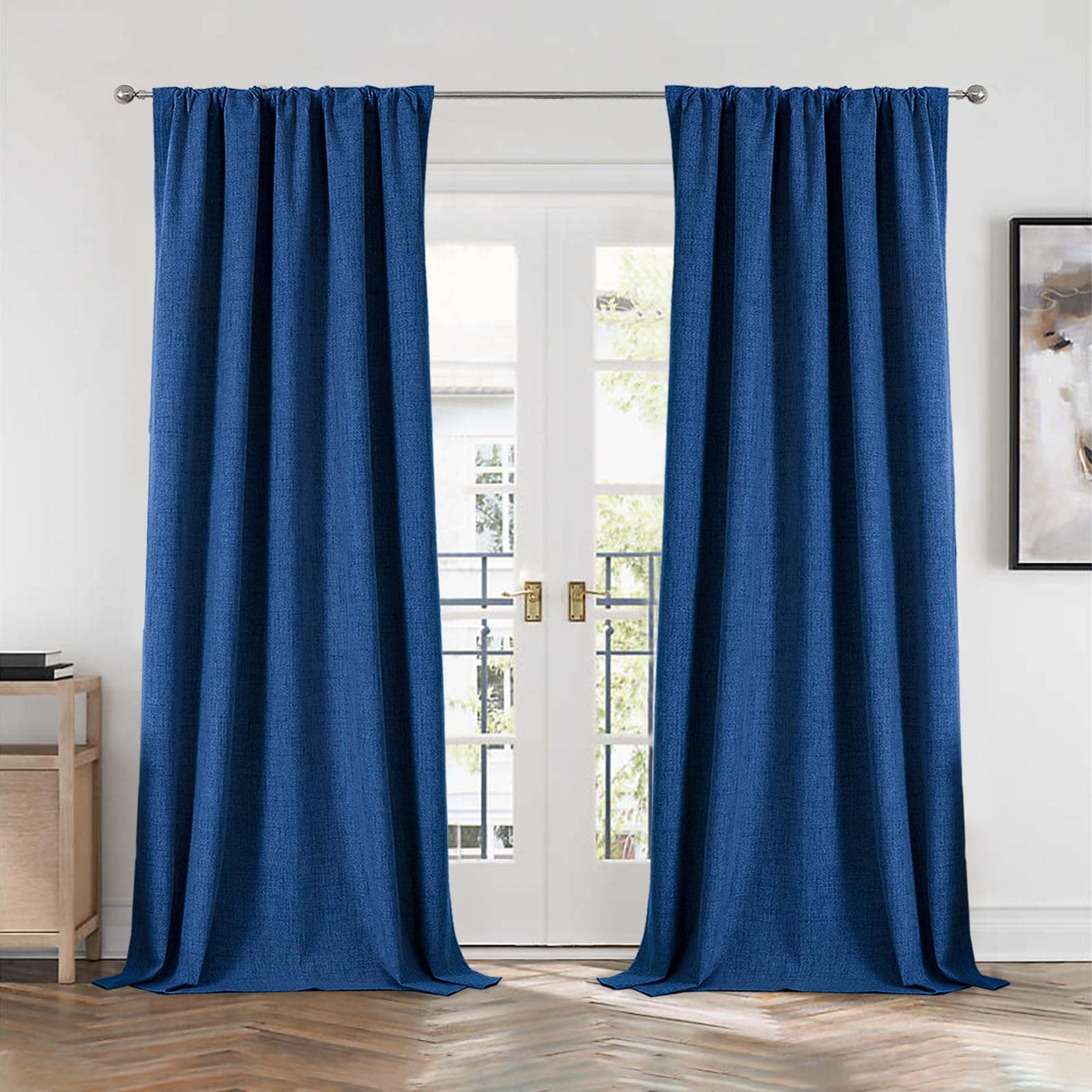 CUCRAF 100% Blackout Back Tab and Rod Pocket Curtains 120 Inch Length 2 Panels Set, Navy Blue Linen Curtain for Living Room Bedr