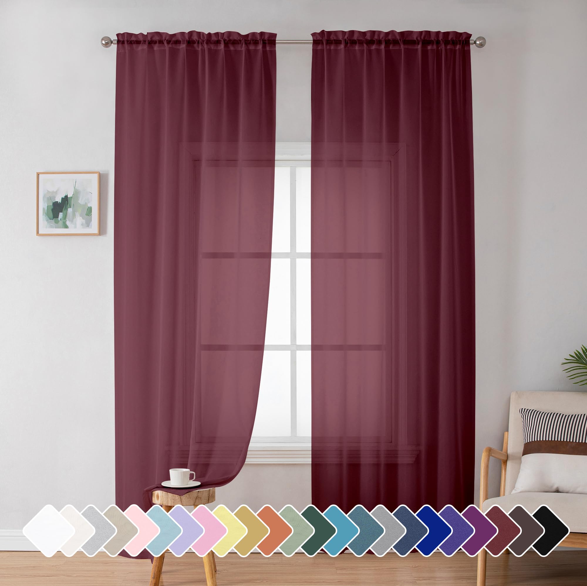 Simplebrand Red Sheer Panles 72 Inches Long 2 Panels for Living Room, Rod Pockets Airy Window Treatments Voile Sheer White Curta