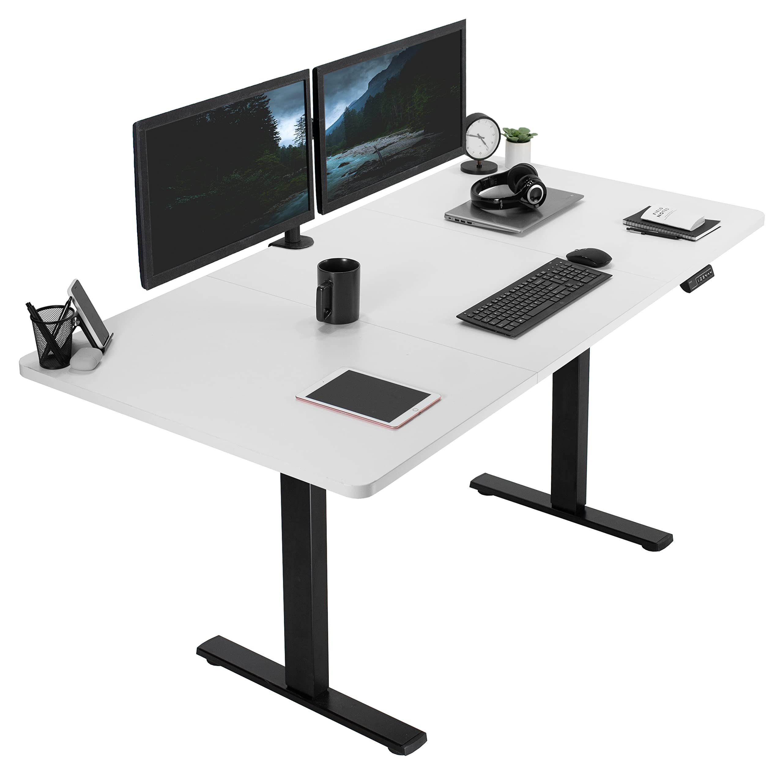 VIVO Electric Height Adjustable 71 x 36 inch Memory Stand Up Desk, Extra Deep White Table Top, Black Frame, Standing Workstation