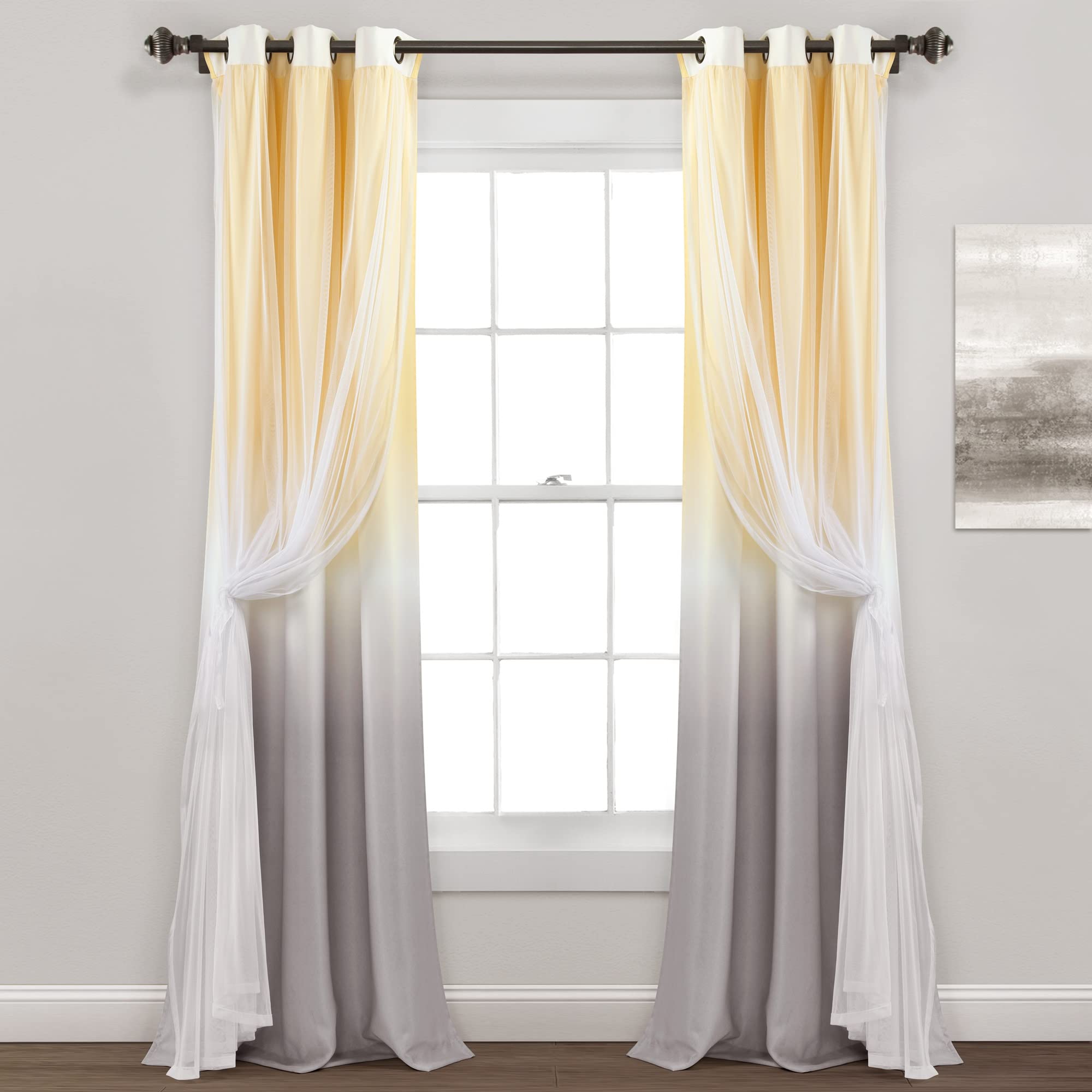 Lush Decor Umbre Fiesta Grommet Sheer/Printed Light Filtering Window Curtain Panel (Single Panel), 84 L x 38 W, Yellow & Gray