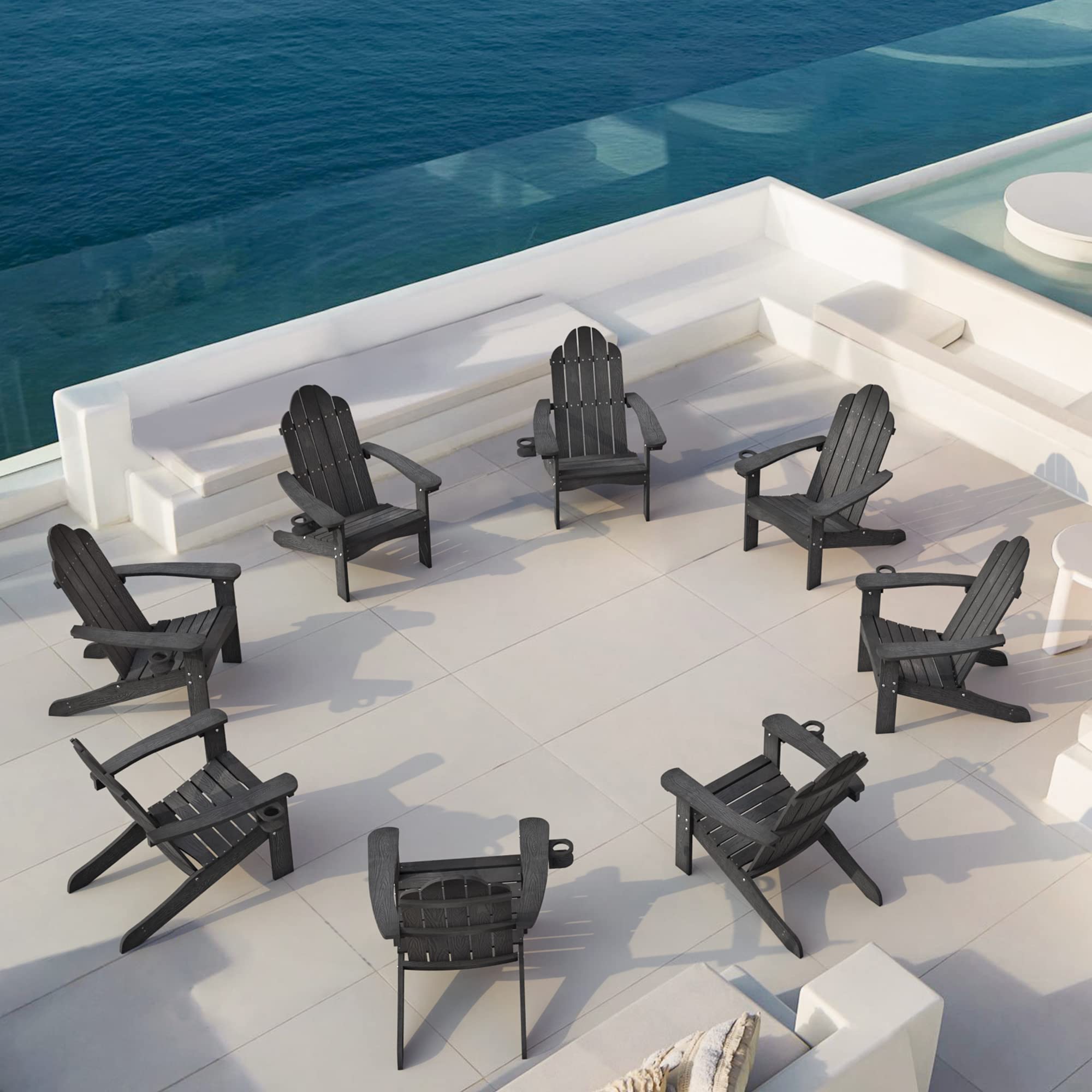 LUE BONA HDPS Adirondack Chairs Set of 8, Black Adirondack Chairs with Cup Holder, 300lbs Modern Adirondack Chair Weather Resist
