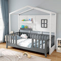 KOMFOTT Twin Wood House Bed, Montessori Floor Bed with Fence & 2 Shelves, Kids House Shaped Bed with Window, Wooden Slatted Play