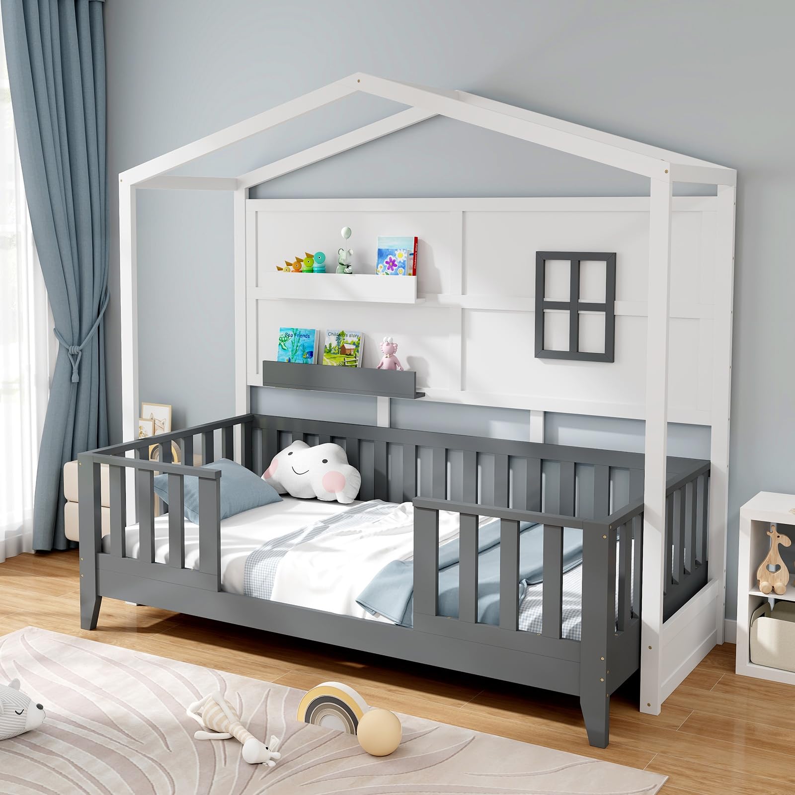 KOMFOTT Twin Wood House Bed, Montessori Floor Bed with Fence & 2 Shelves, Kids House Shaped Bed with Window, Wooden Slatted Play