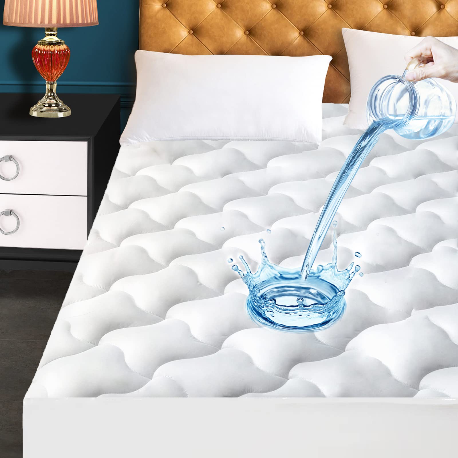 Cal King Size Quilted Fitted Mattress Pad, Waterproof Breathable Cooling Mattress Protector, Stretches up to 21 Inches Deep Pock