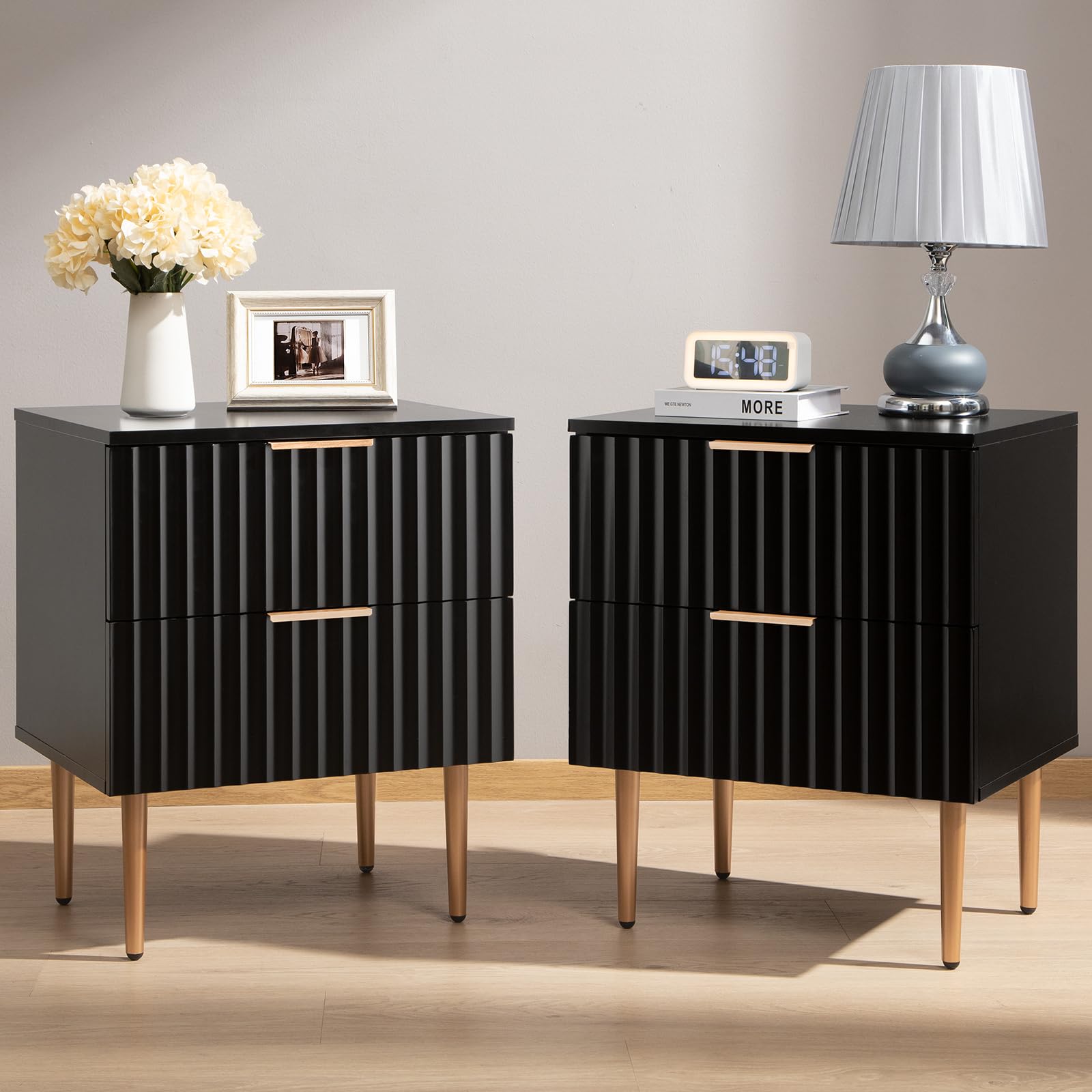 SICOTAS Black Night Stand Set 2, Wide Fluted Nightstand with 2 Drawers, Modern Glossy Storage Bedside Table for Bedroom, End Sid