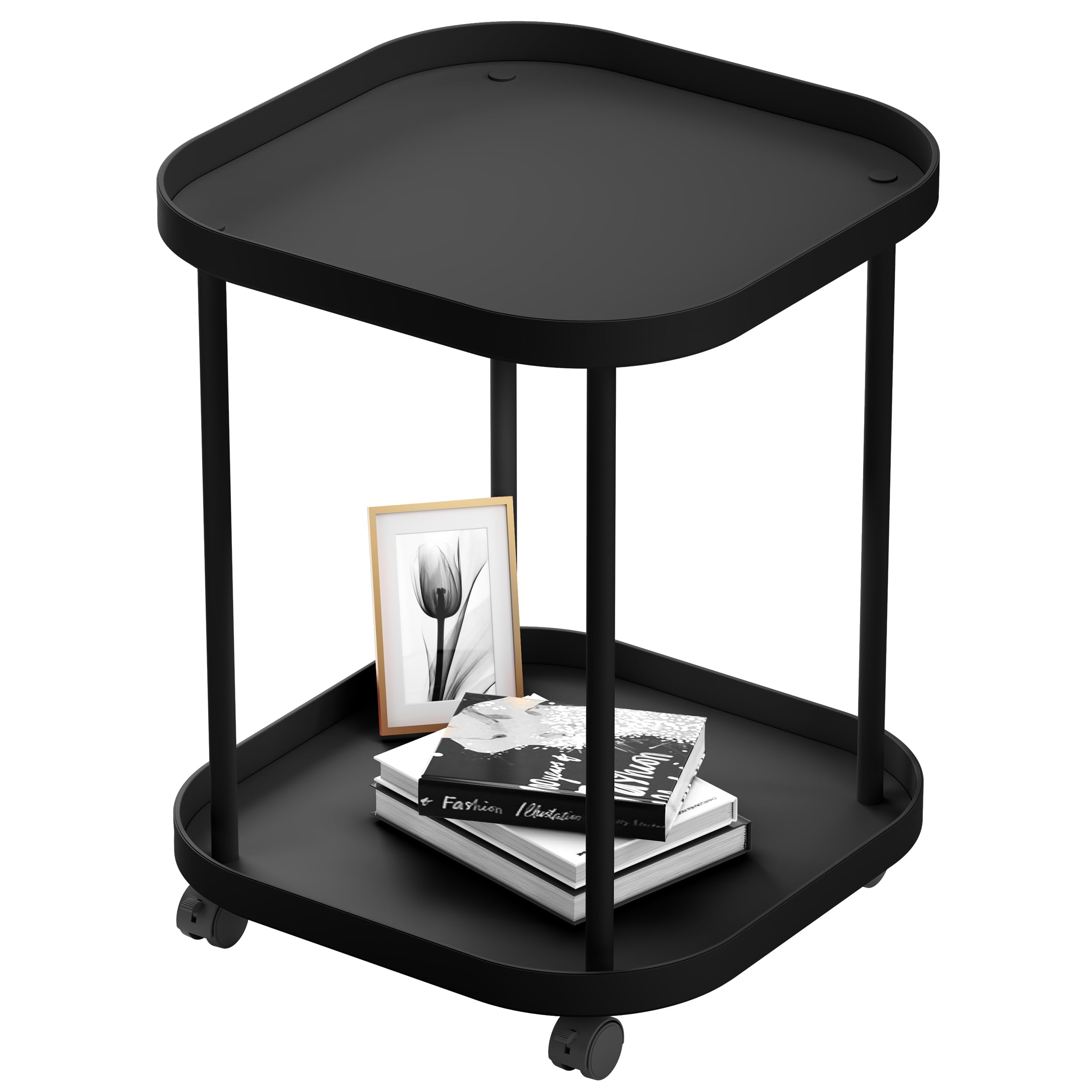 villertech Side Table with Wheels, End Table Living Room Plastic Mobile Sofa Side Table Small Night Stand Bedroom Black