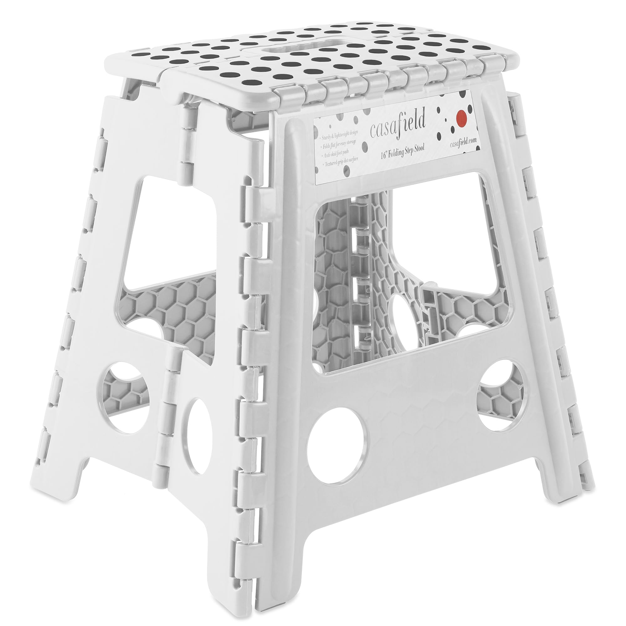 Casafield 16 Folding Step Stool with Handle, White - Portable Collapsible Small Plastic Foot Stool for Adults - Use in The Kitch
