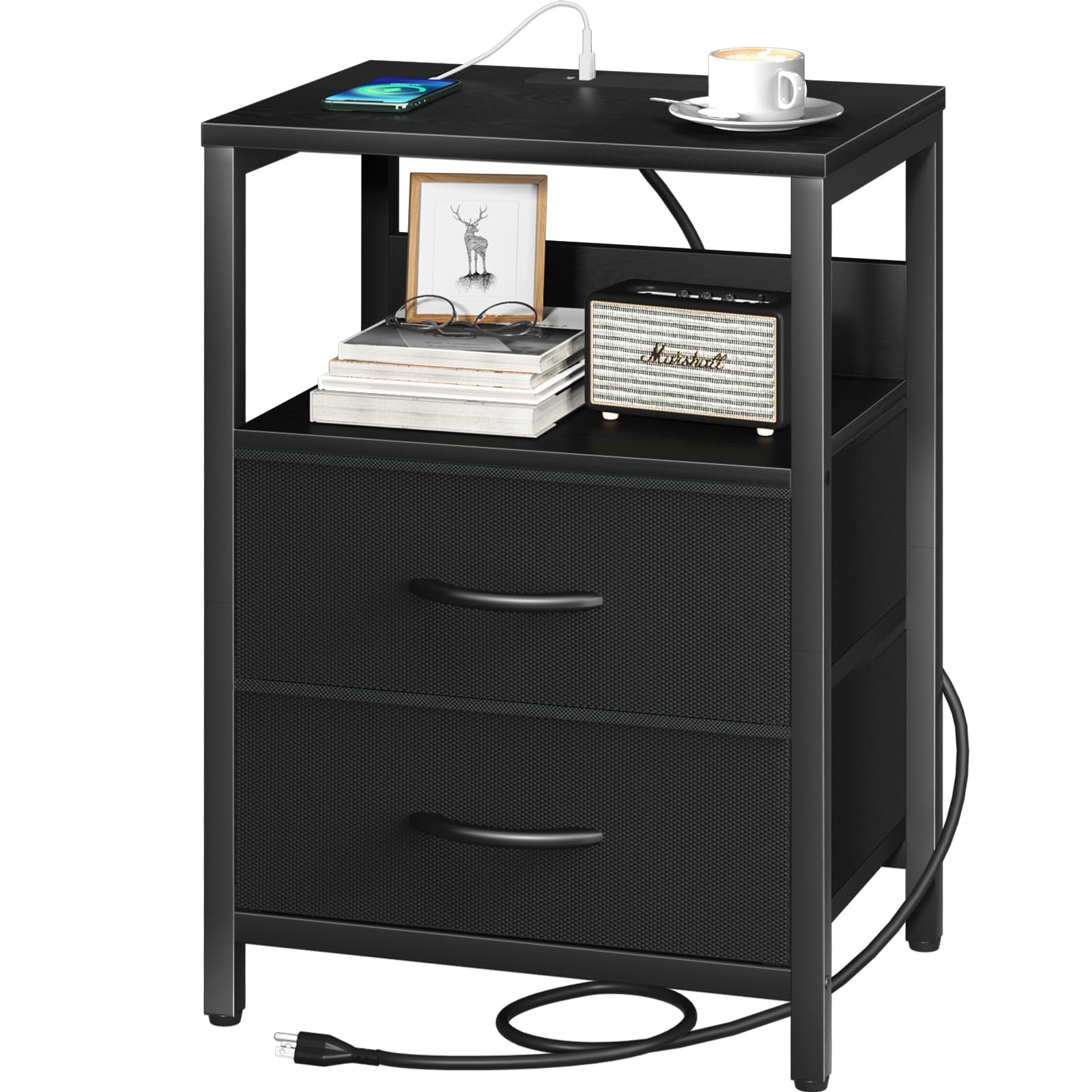 Yoobure Nightstand with Charging Station, Small Night Stand with Fabric Drawers and Storage Shelf for Bedrooms, Nightstands for 