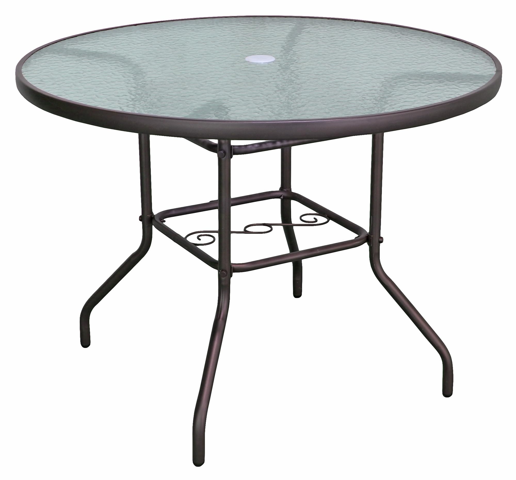 Garden Elements Outdoor Patio Furniture, Round Dining Table, Steel Base and Rim with Water-Wave Glass Top, Brown, 40