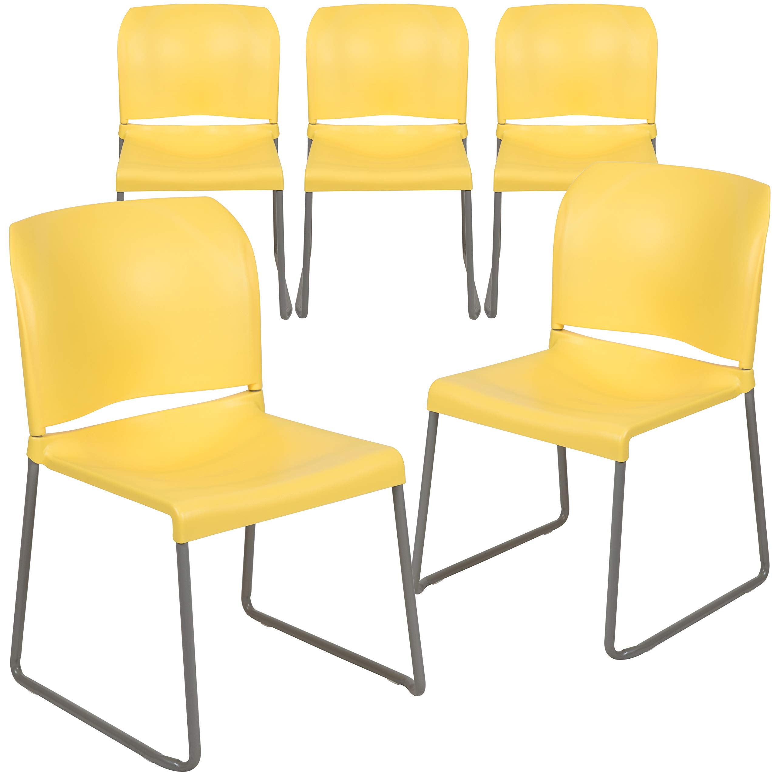Flash Furniture HERCULES Series 5 Pack 880 lb. Capacity Yellow Full Back Contoured Stack Chair with Gray Powder Coated Sled Base