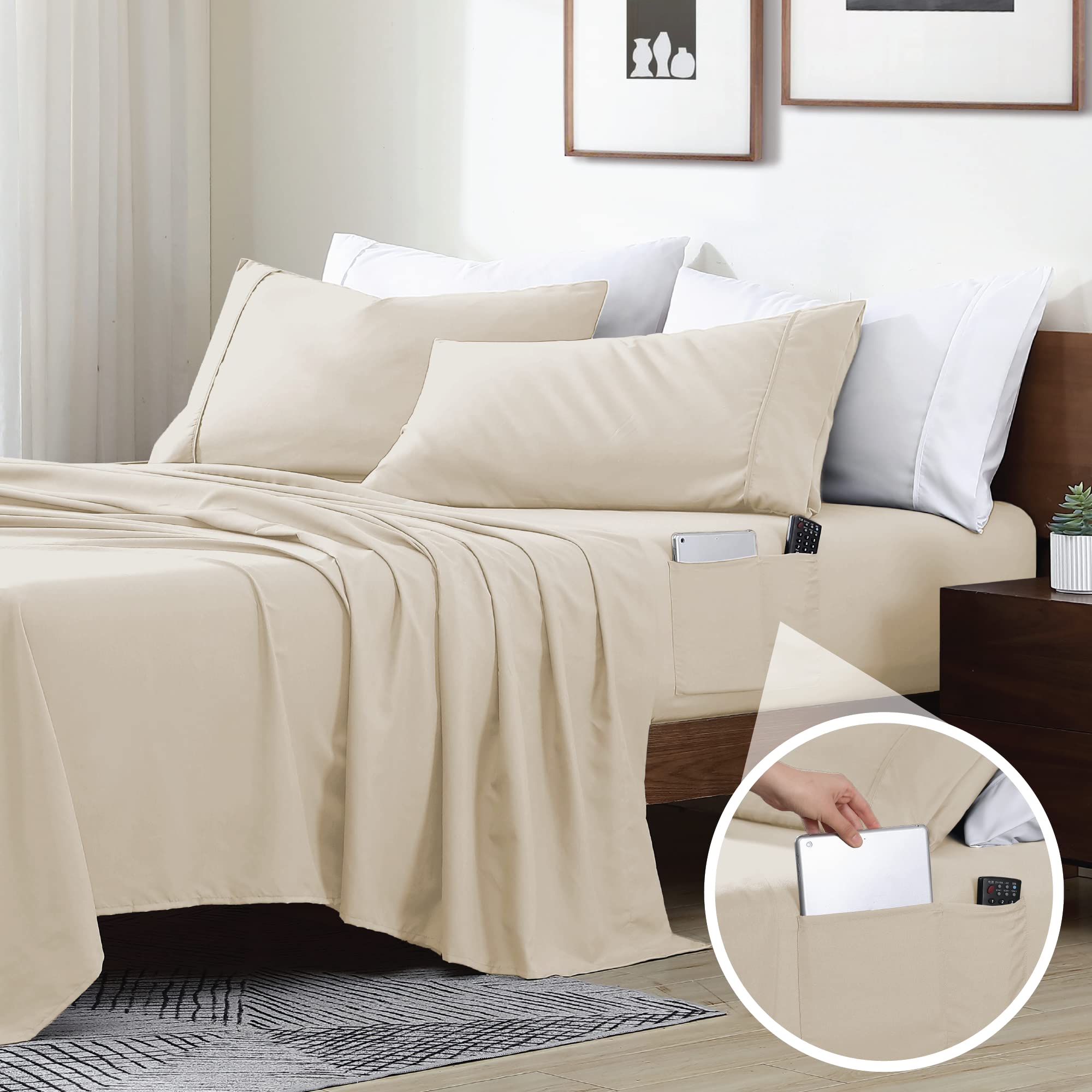 Swift Home Smart Sheets, Ultra Soft Brushed Microfiber 3-Piece Sheet Set, Fitted Bed Sheet with Side Storage Pockets - Cream, Tw