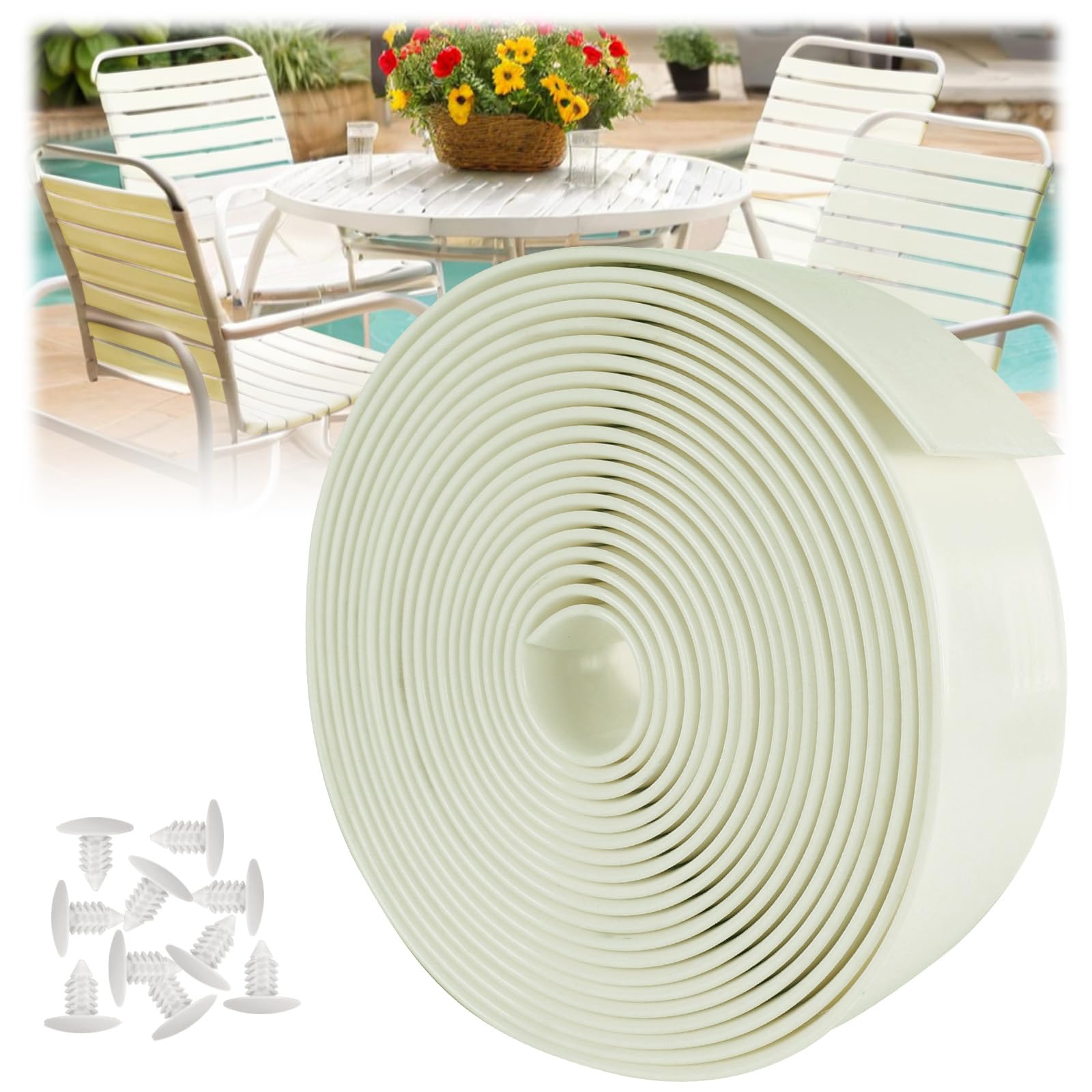 LukLoy 2 Wide 60ft Long Vinyl Straps for Patio Chairs Repair DIY + 60 Rivets, Replacement Straps for Lawn Chairs Patio Garden Ba