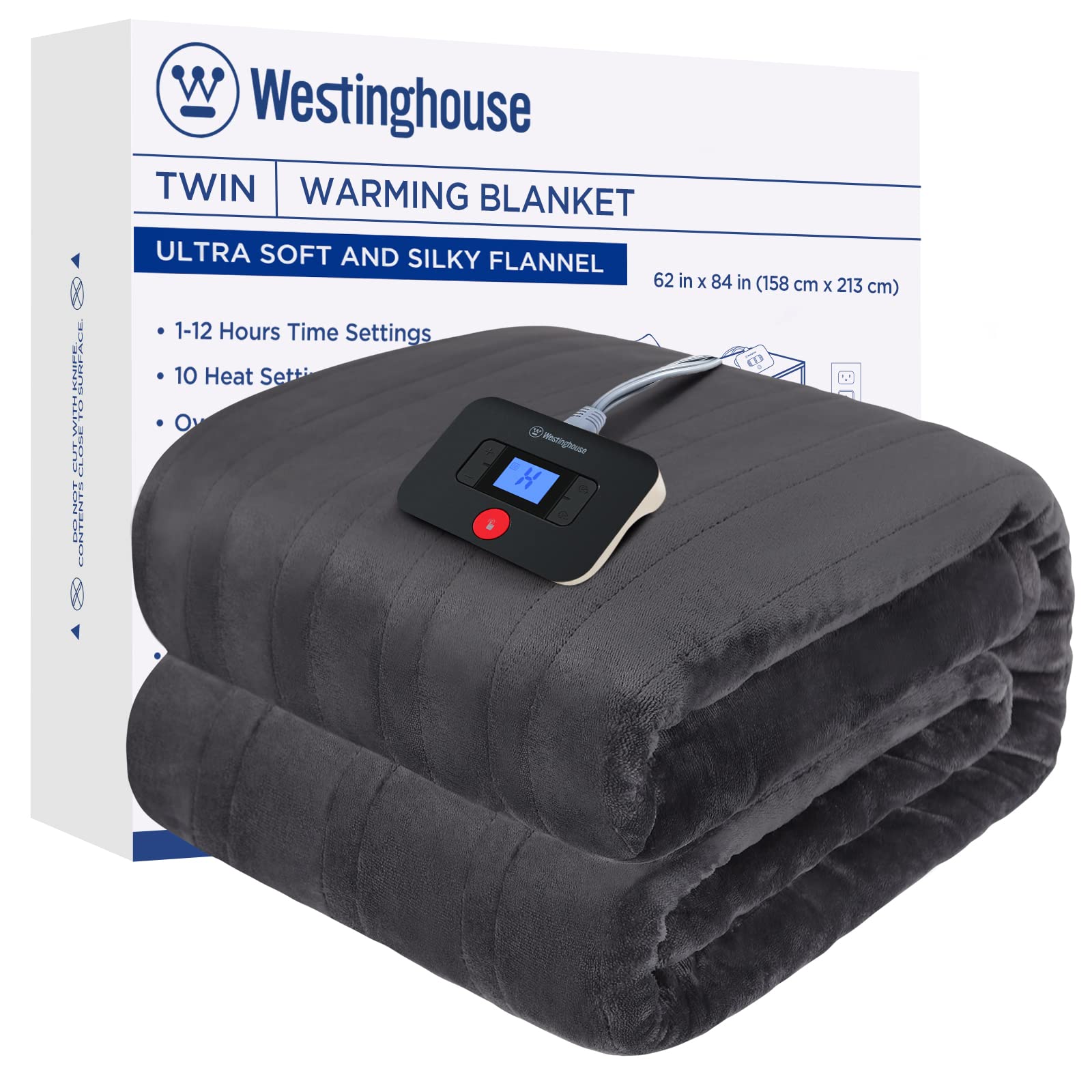 Westinghouse Electric Blanket Twin Size, Super Cozy Soft Flannel 62 x 84 Heated Blanket with 10 Fast Heating Levels & 1-12 Auto-