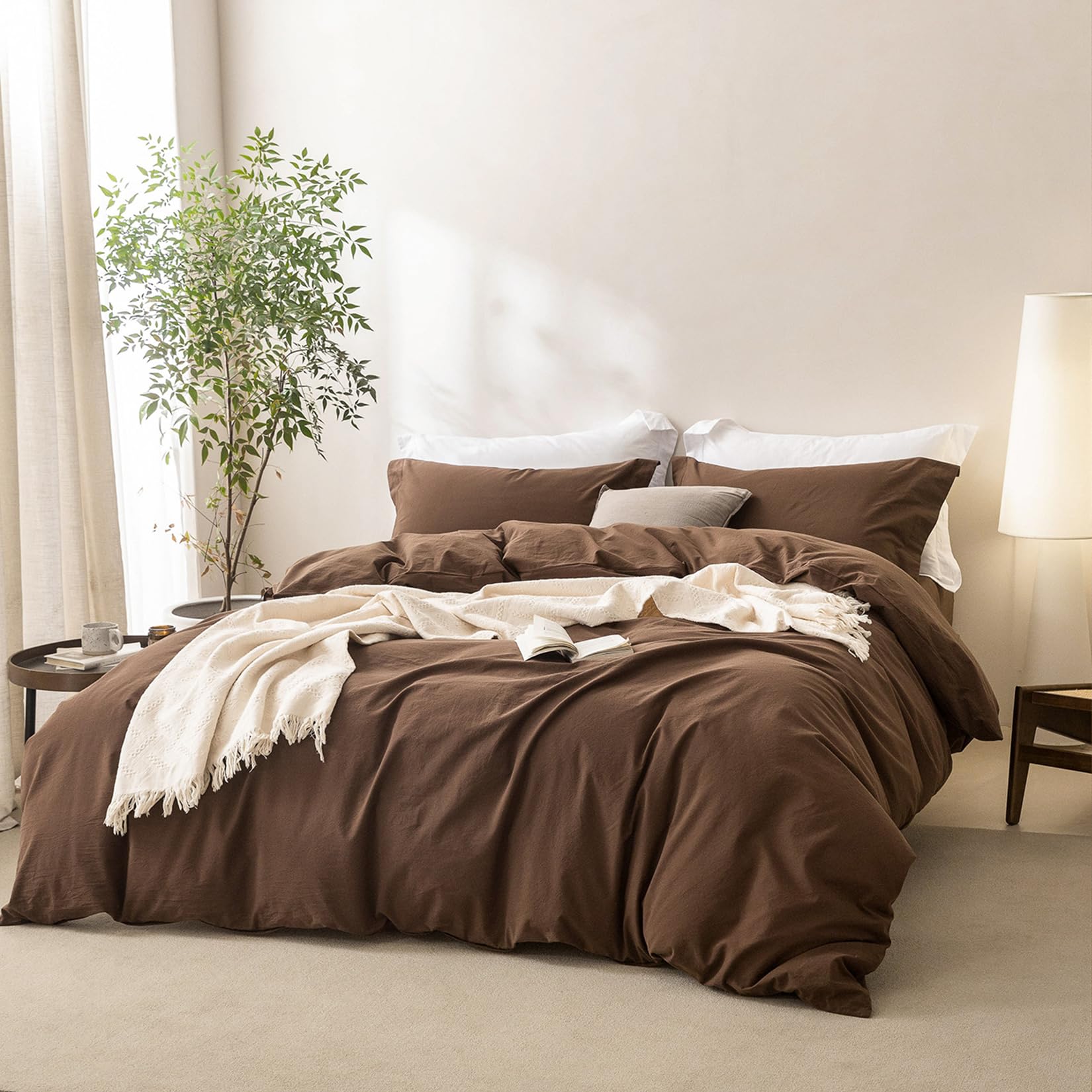 BDEAR Linen Feel Cocoa Brown Duvet Cover Queen Size 90 L x 90 W, 100% Washed Cotton Duvet Cover with Zipper Closure Plus 2 P
