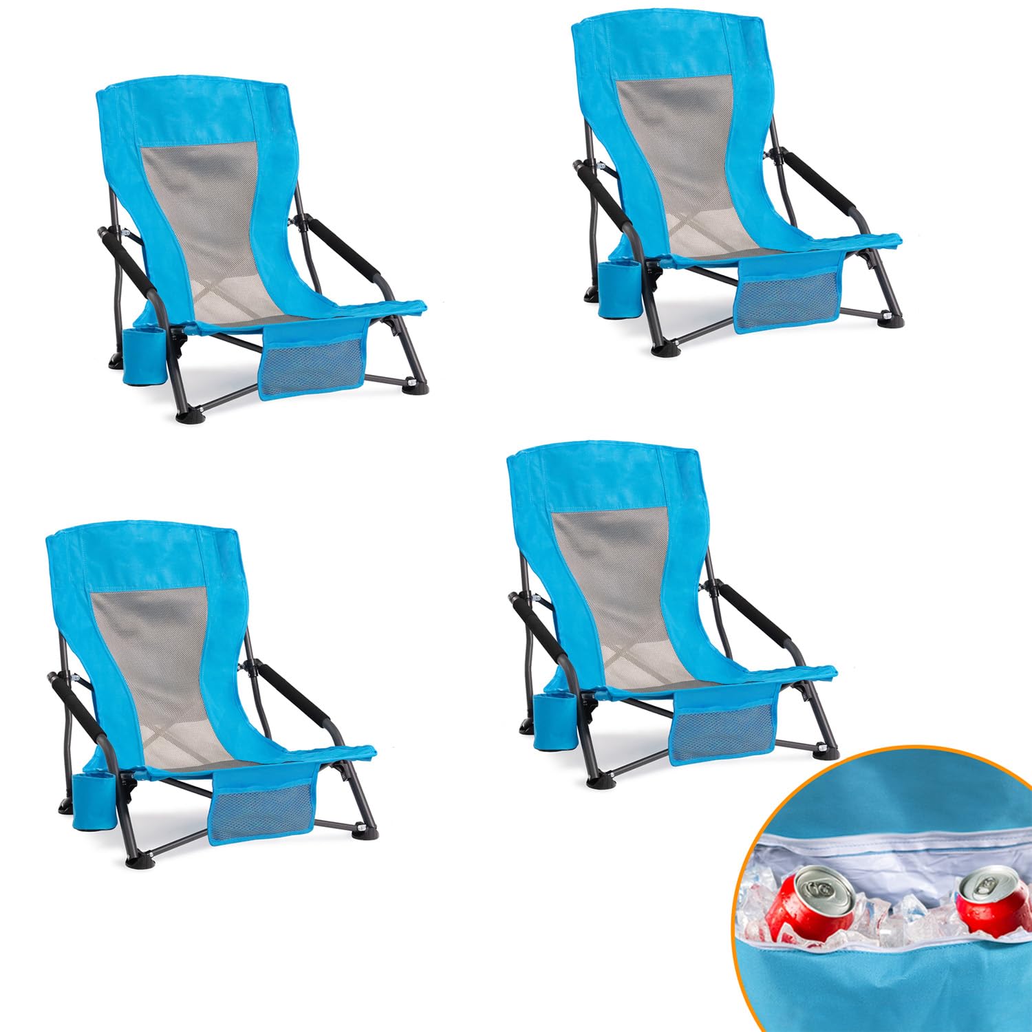 Foristrail Portable Folding Beach Chair with Cooler Bag for Adults Set of 4- Lightweight Low Back Sling Chair with Cup Holder & 