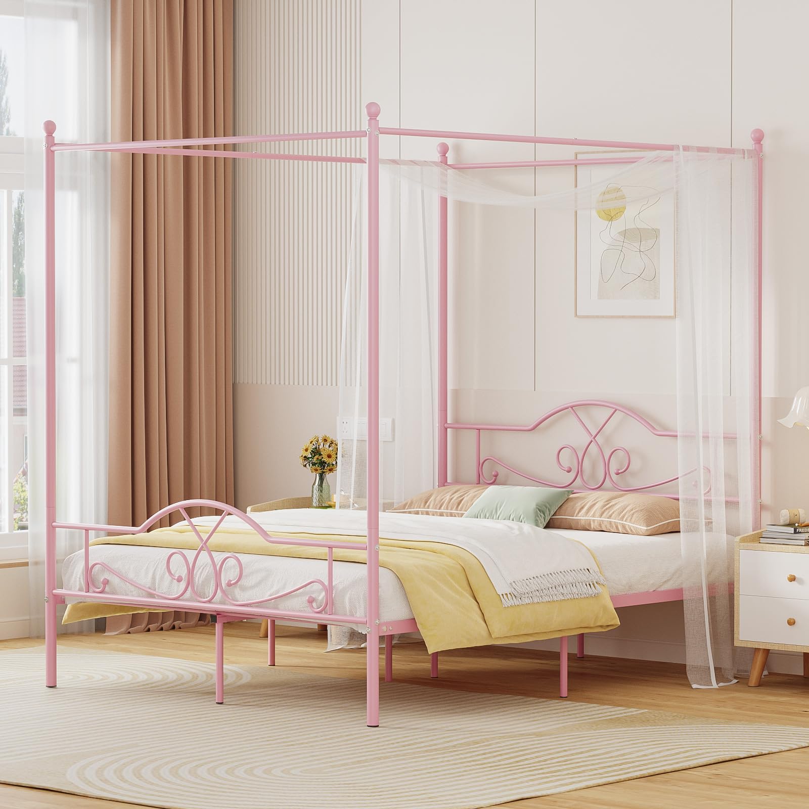 Weehom Full Canopy Bed Frame with Headboard and Footboard, Four-Poster Metal Canopied Platform Bed Mattress Foundation Underbed 