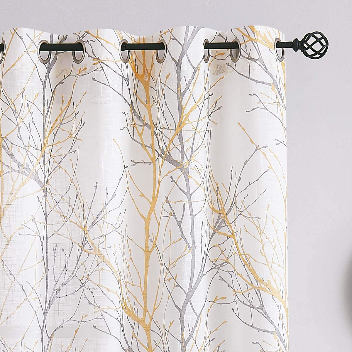 FMFUNcTEX Branch Print Semi-Sheer curtains for Living Room 63A Yellow and grey on White Linen Textured Window Drapes for Bedroom