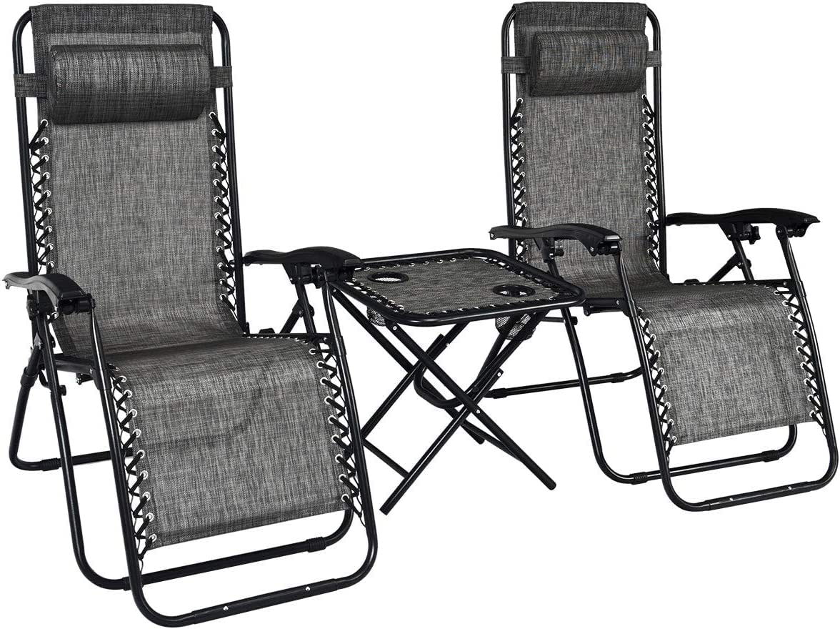 S AFSTAR Zero Gravity Chairs Set of 2, 3 PCS Folding Zero Gravity Lawn Chair Set with Side Table Cup Holders & Adjustable Headre
