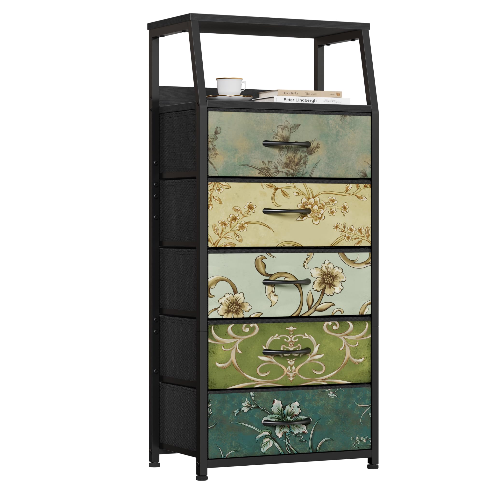 Furnulem Retro 5 Drawers Dresser, Vertical Storage Tower Fabric Dresser for Bedroom, Hallway, Entryway, Nursery, Closet Organize