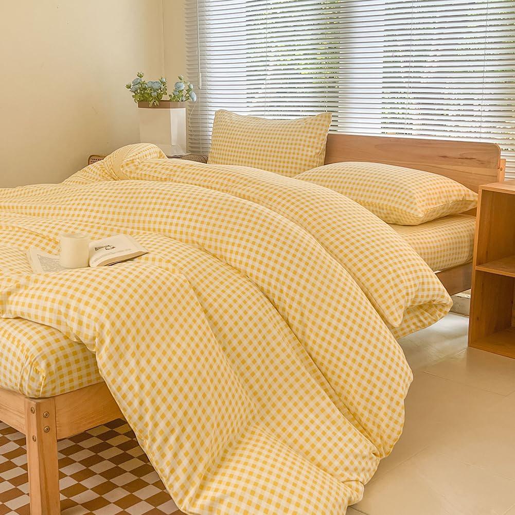 NSNLGSGC Yellow Gingham Duvet Cover Set Twin, Grid Simple Geometric Square Pattern Comforter Cover,Soft Plaid Washed Microfiber 
