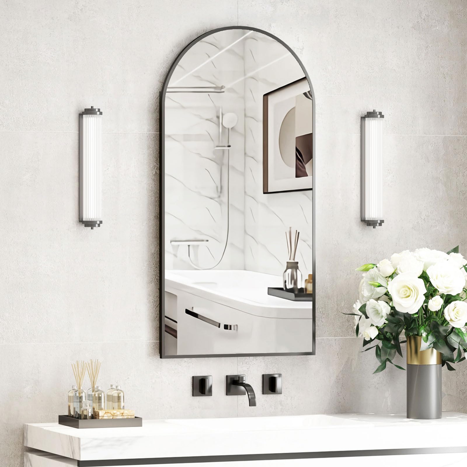 Recessed Medicine Cabinet Mirror for Bathroom,Black Arched Medicine Cabinet with Mirror,Arch Medicine Cabinet Recessed,Metal Edg