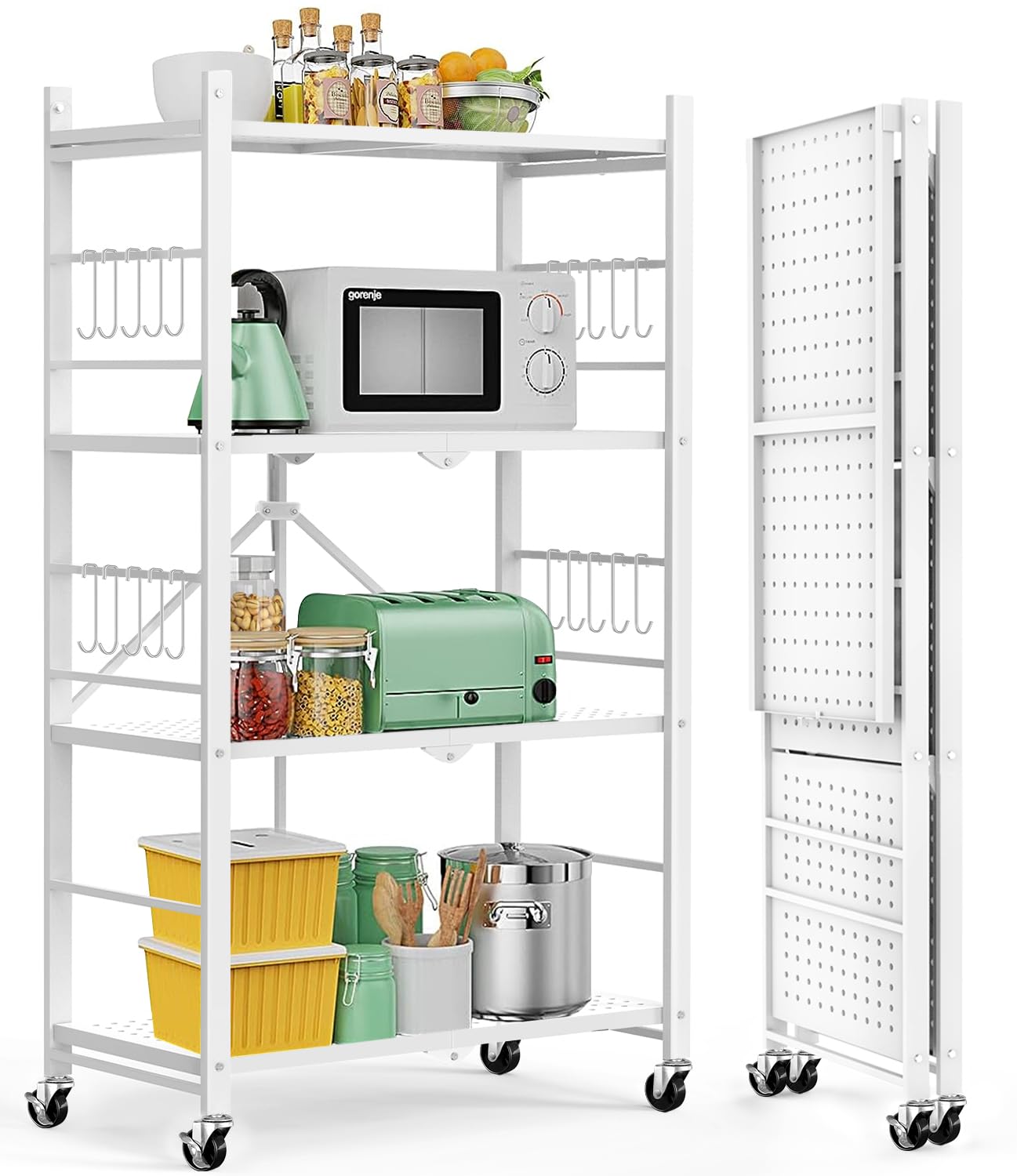 Himix Storage Shelves with 20 Hooks, 4-Tier Foldable Shelves for Storage, Folding Shelf Unit Pantry Shelves with Wheels, Metal S