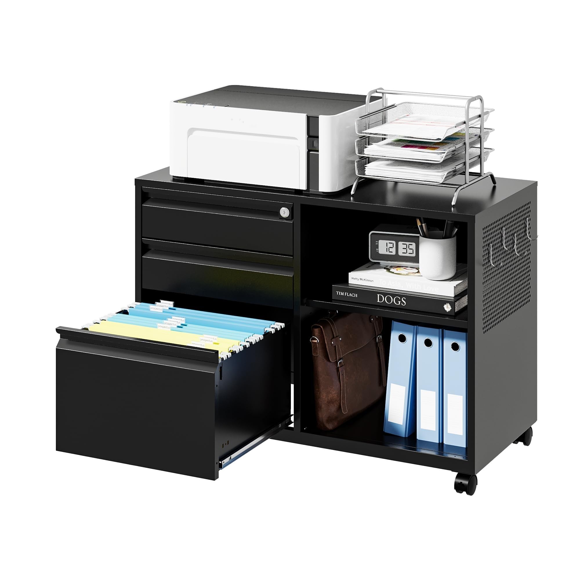 Letaya Mobile 3 Drawer File Cabinet with Lock-Metal Lateral Rolling Printer Stand Filing Cabinets for Home Office-Storage A4/F4/