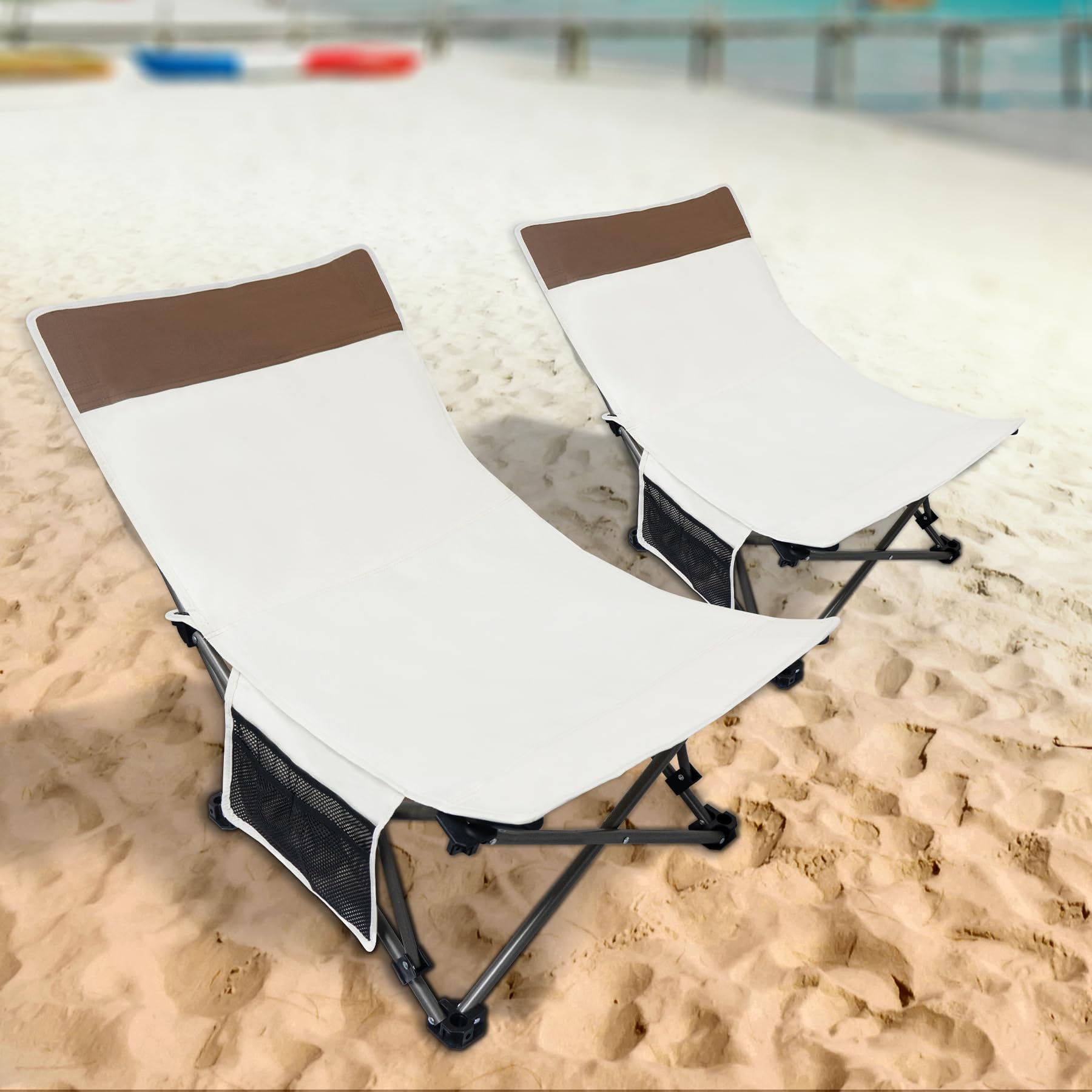Compact Backpack Beach Chairs 2 Pack with Adjustable Backrest & Side Pocket, Low Folding Camping Chairs for Adults, Portable Rec