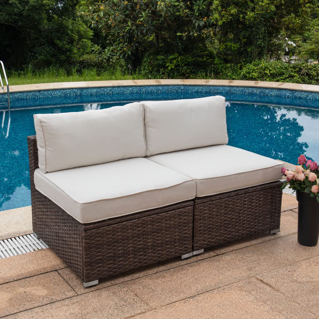 COSIEST 2-Piece Outdoor Furniture Add-on Armless Chairs for Expanding Wicker Sectional Sofa Set w Off White Thick Cushions for G
