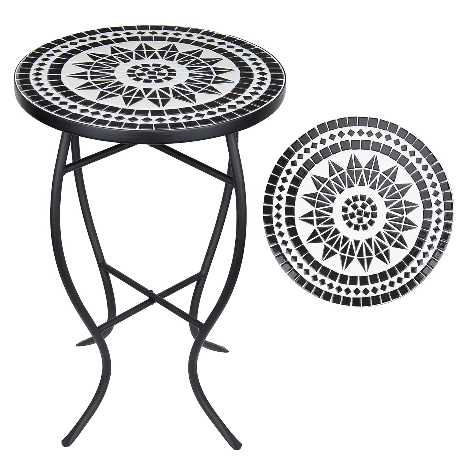 Vipush Mosaic Patio Side Table Outdoor Accent Table Bistro Coffee Table Plant Stand Indoor Folding Round End Table for Small Por