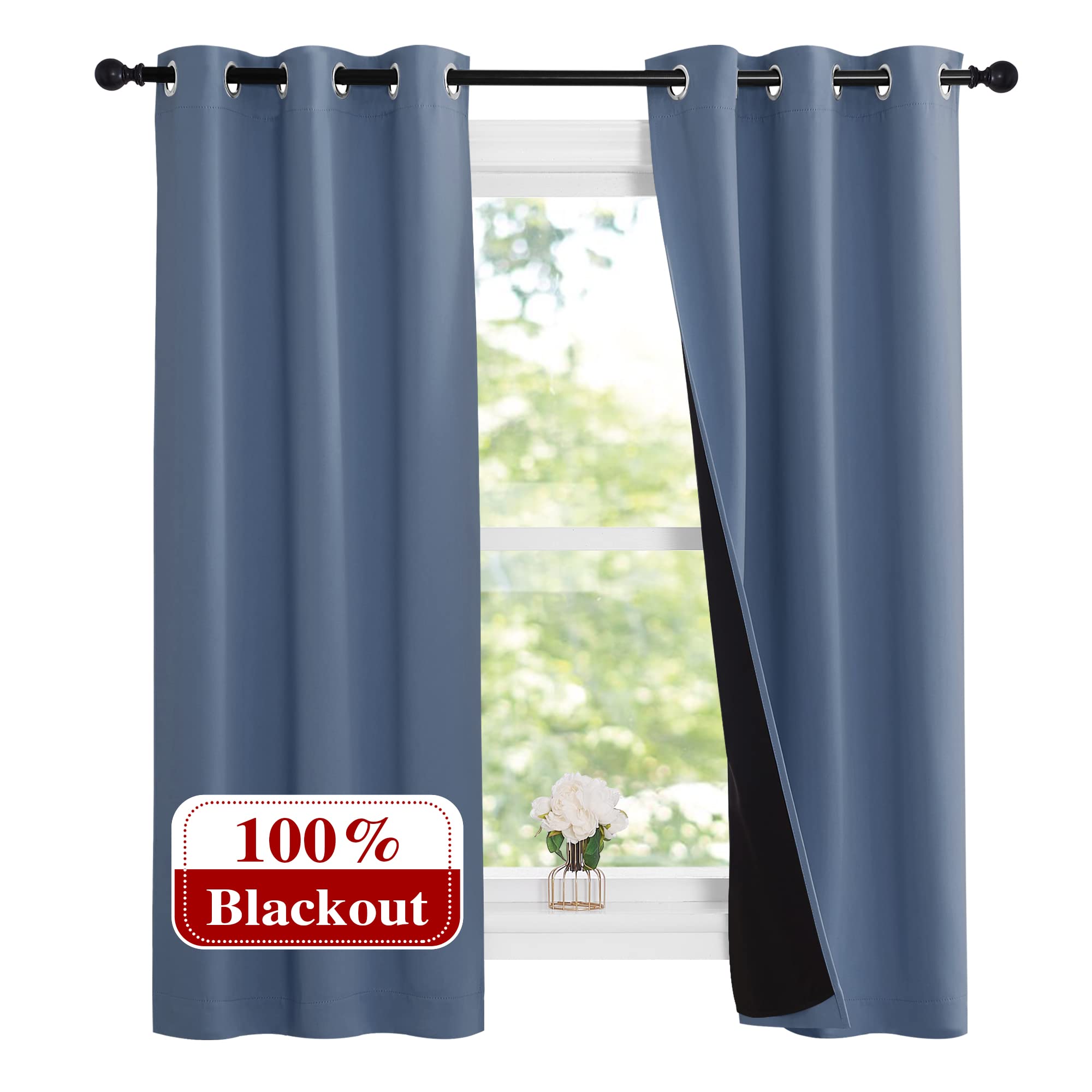 NICETOWN Stone Blue 100% Blackout Small Curtains 63 inches Long, Thermal Insulated Full Blackout 2-Layer Lined Drapes, Energy Ef