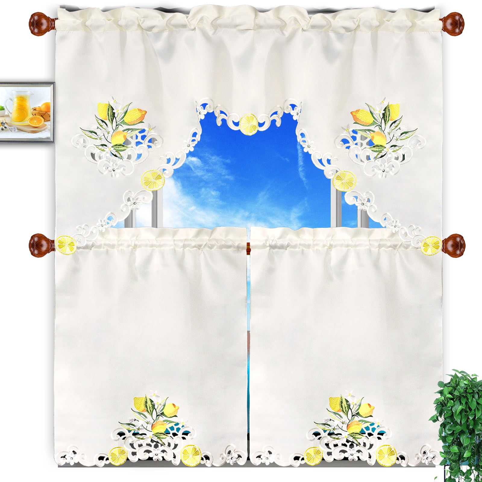 Simhomsen Embroidered Lemon Kitchen Window Curtain Swag and Tiers Set for Spring and Summer (Lemon)