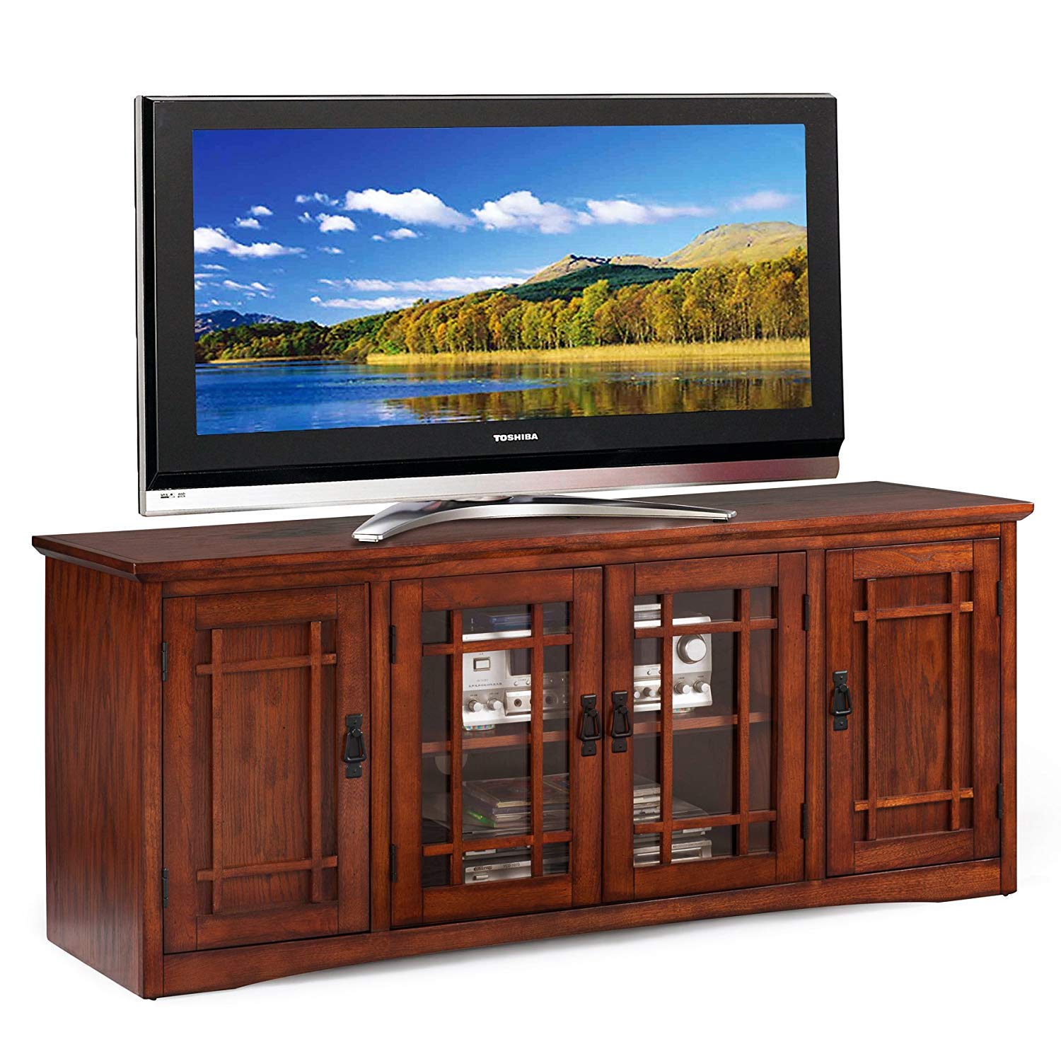 Leick Home 82360 Solid Wood Mission Oak Four Door TV Stand For 65 TVs Universal TV Console Living Room Storage Shelves Entertain