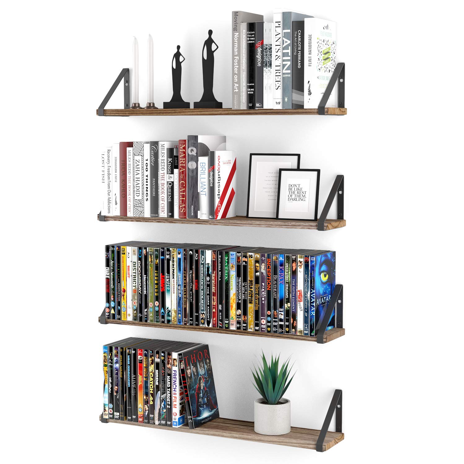 Wallniture Ponza Wood Floating Shelves for Wall, Rustic Wall Shelves for Living Room, 24 Bookshelf and DVD Storage Shelf Set of 
