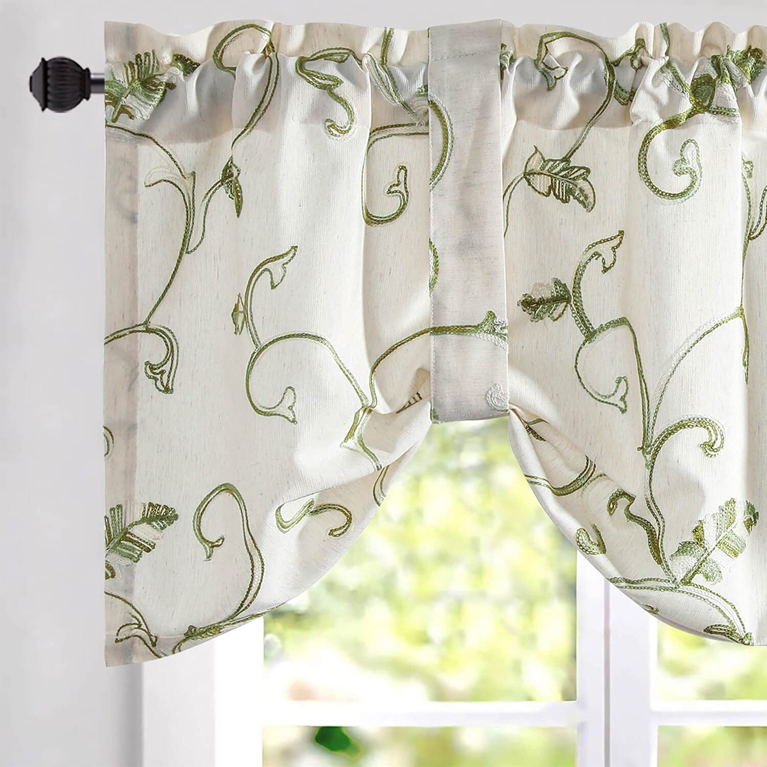 VOGOL Grass Green Embroidered Valance, Linen Textured Tie Up Valances for Bathroom, Rod Pocket Adjustable Window Shade, 52 x 18 